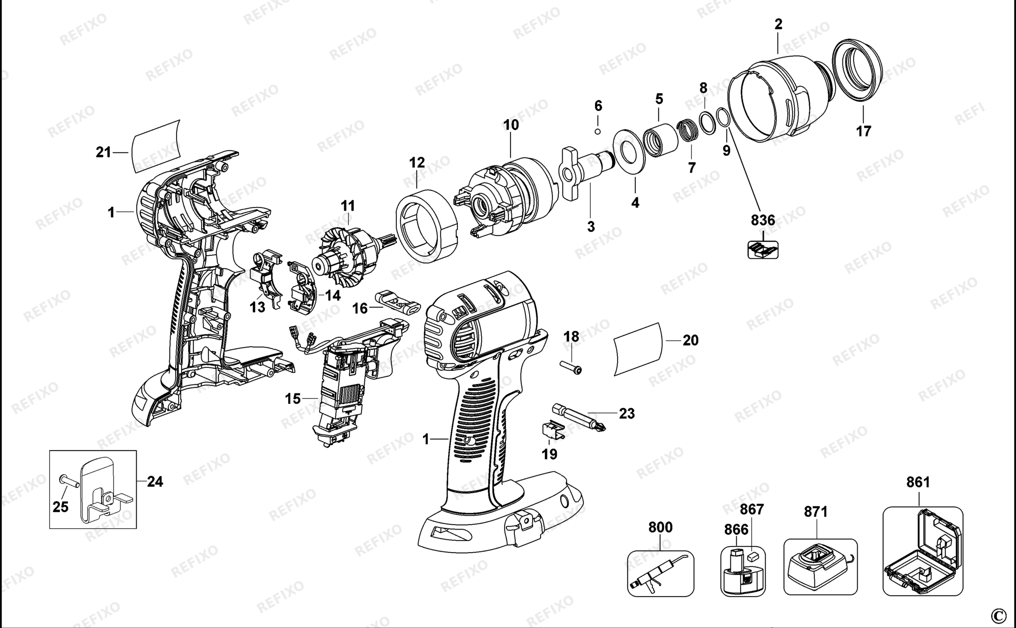 Деталировка DeWalt DC825-XJ TYPE 2 SCHLAGSCHRAUBER DC825-XJ DC825 — схема запчастей в разборе