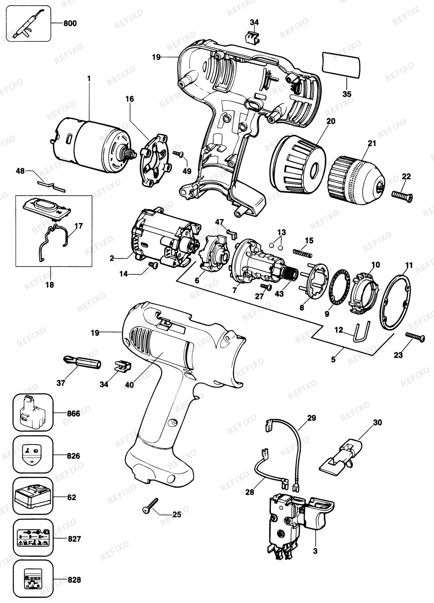 Деталировка DeWalt DW905-QW TYPE 1 аккумуляторный - дрель DW905-QW DW905 — схема запчастей в разборе