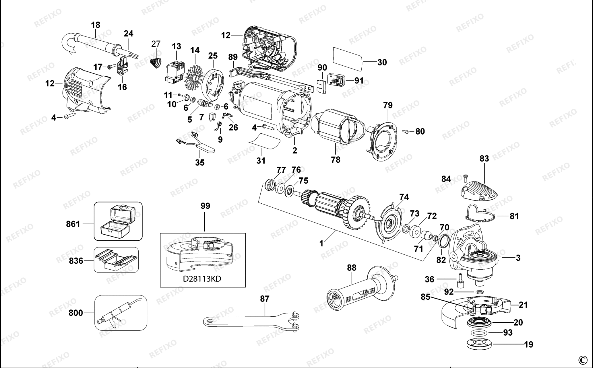 Деталировка DeWalt D28113-LX TYPE 3 SMALL ANGLE GRINDER D28113-LX D28113 — схема запчастей в разборе