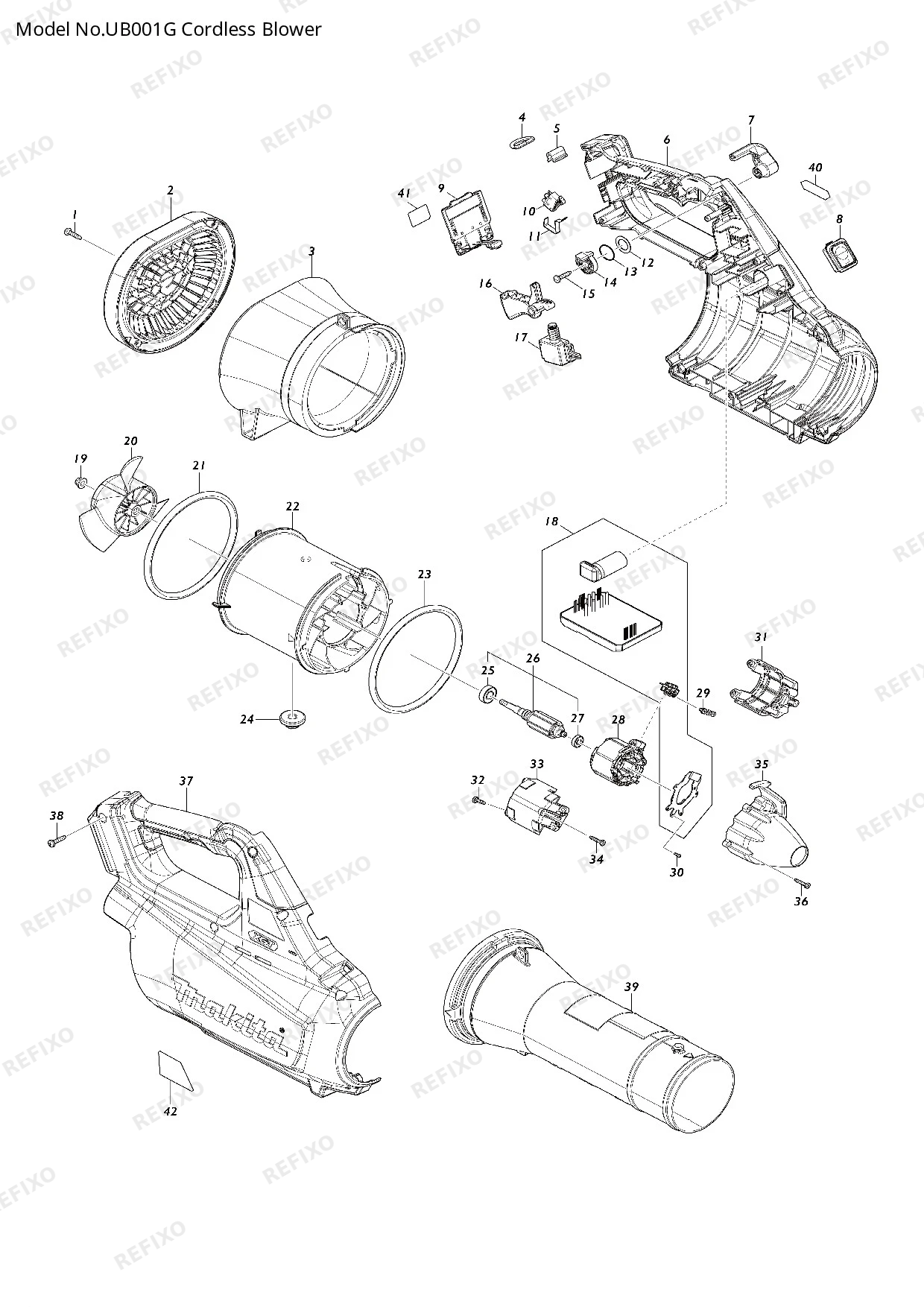 Деталировка MAKITA UB001G — схема запчастей в разборе