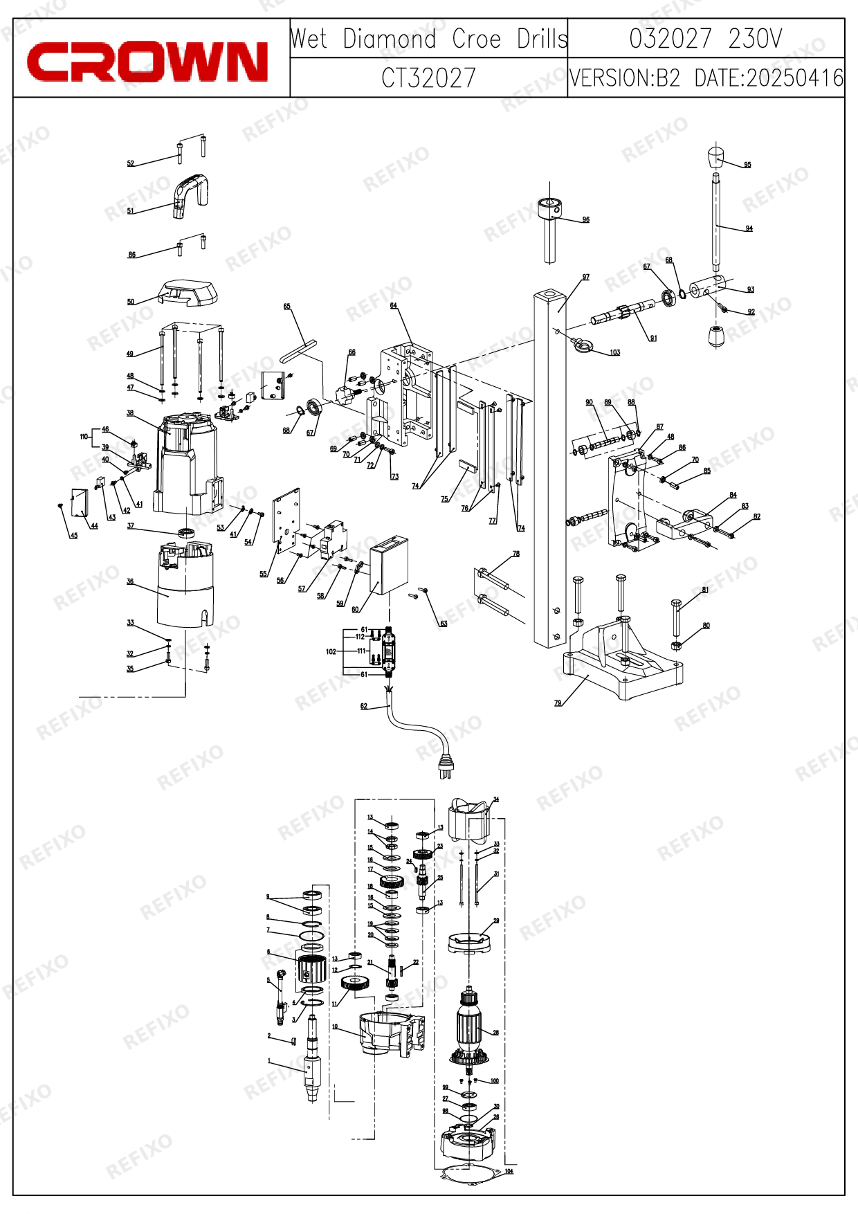 Деталировка CROWN CT32027 начиная с 05.2025 — схема запчастей в разборе