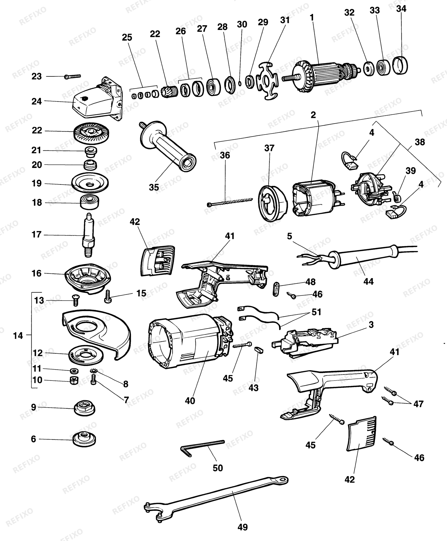 Деталировка DeWalt DW476-LX TYPE 1 угловая шлифмашина DW476-LX DW476 — схема запчастей в разборе