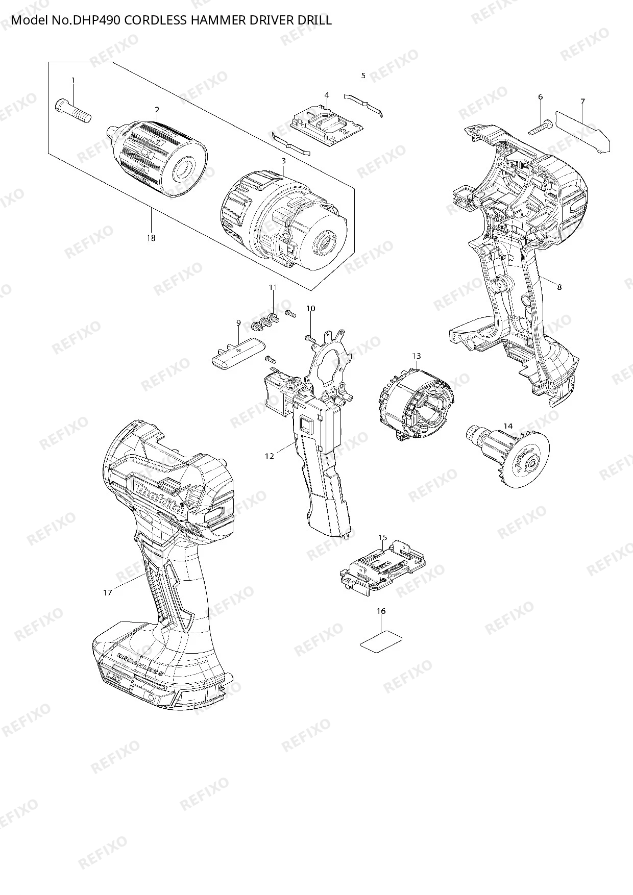 Деталировка MAKITA DHP490 — схема запчастей в разборе