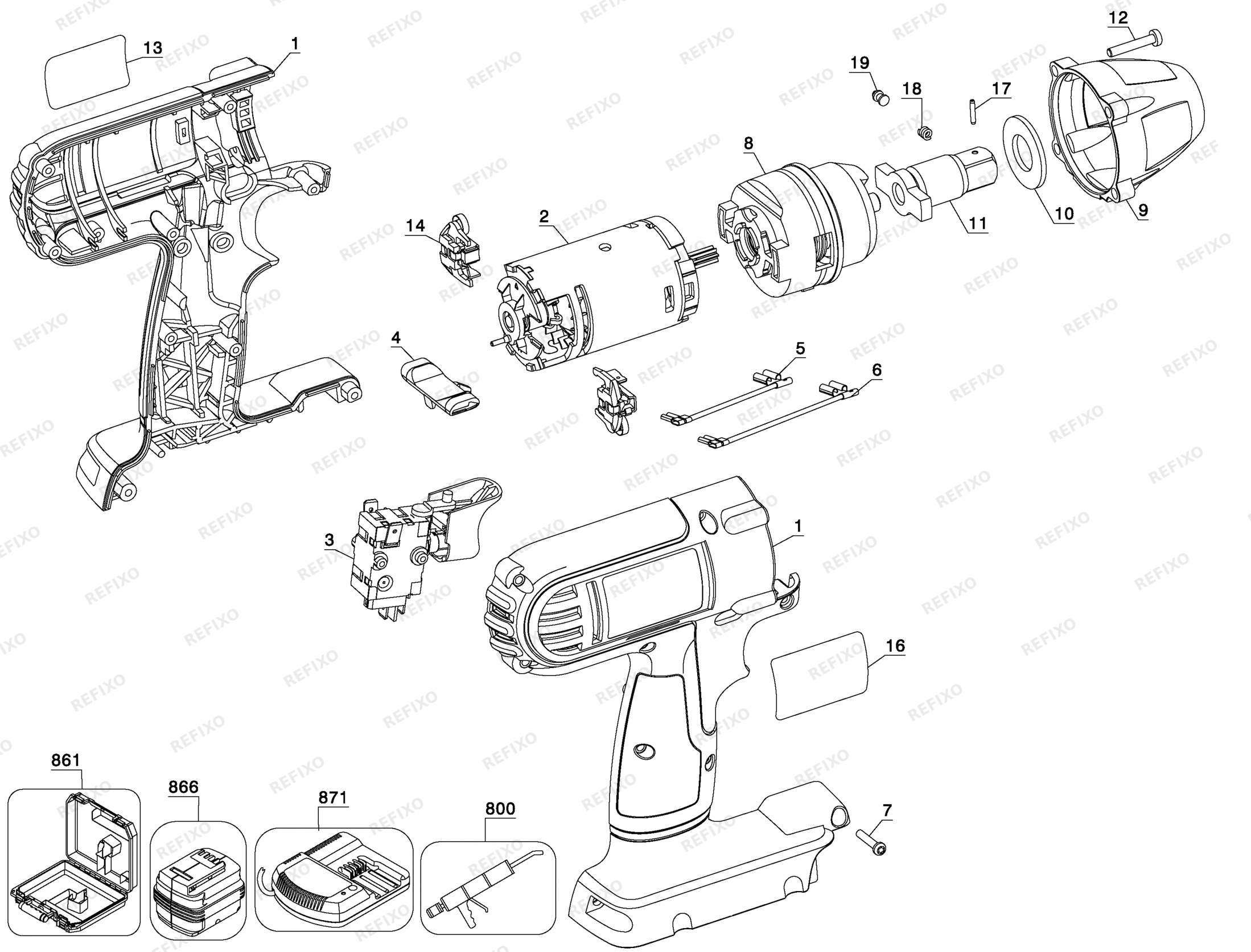 Деталировка DeWalt DC810K-XJ TYPE 1 28V Li-lon Impact Wrench DC810K-XJ DC810K — схема запчастей в разборе