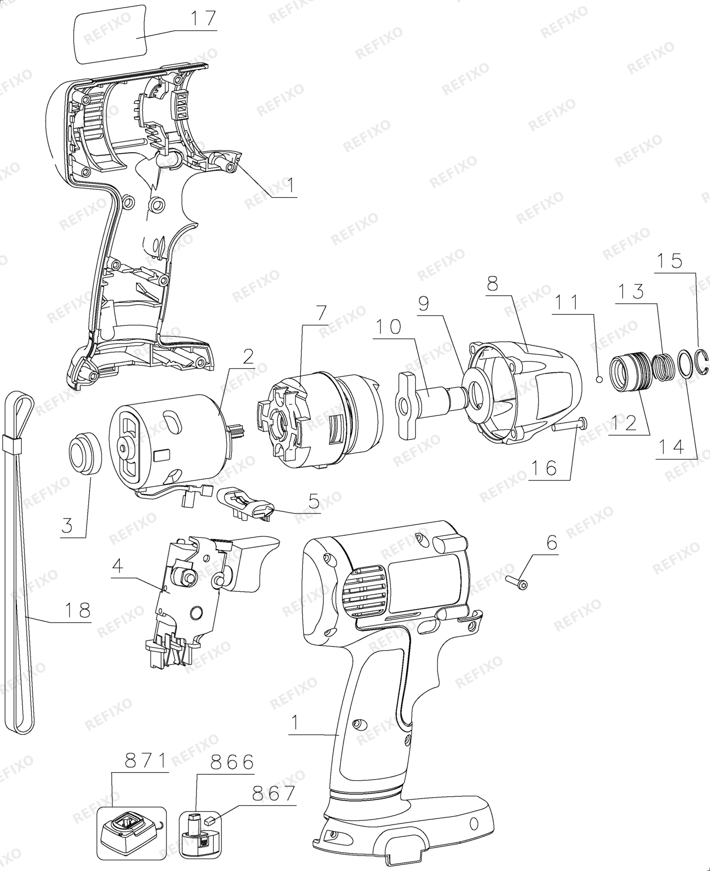 Деталировка DeWalt DW052K2-QW TYPE 1 12V IMPACT DRIVER DW052K2-QW DW052K2 — схема запчастей в разборе