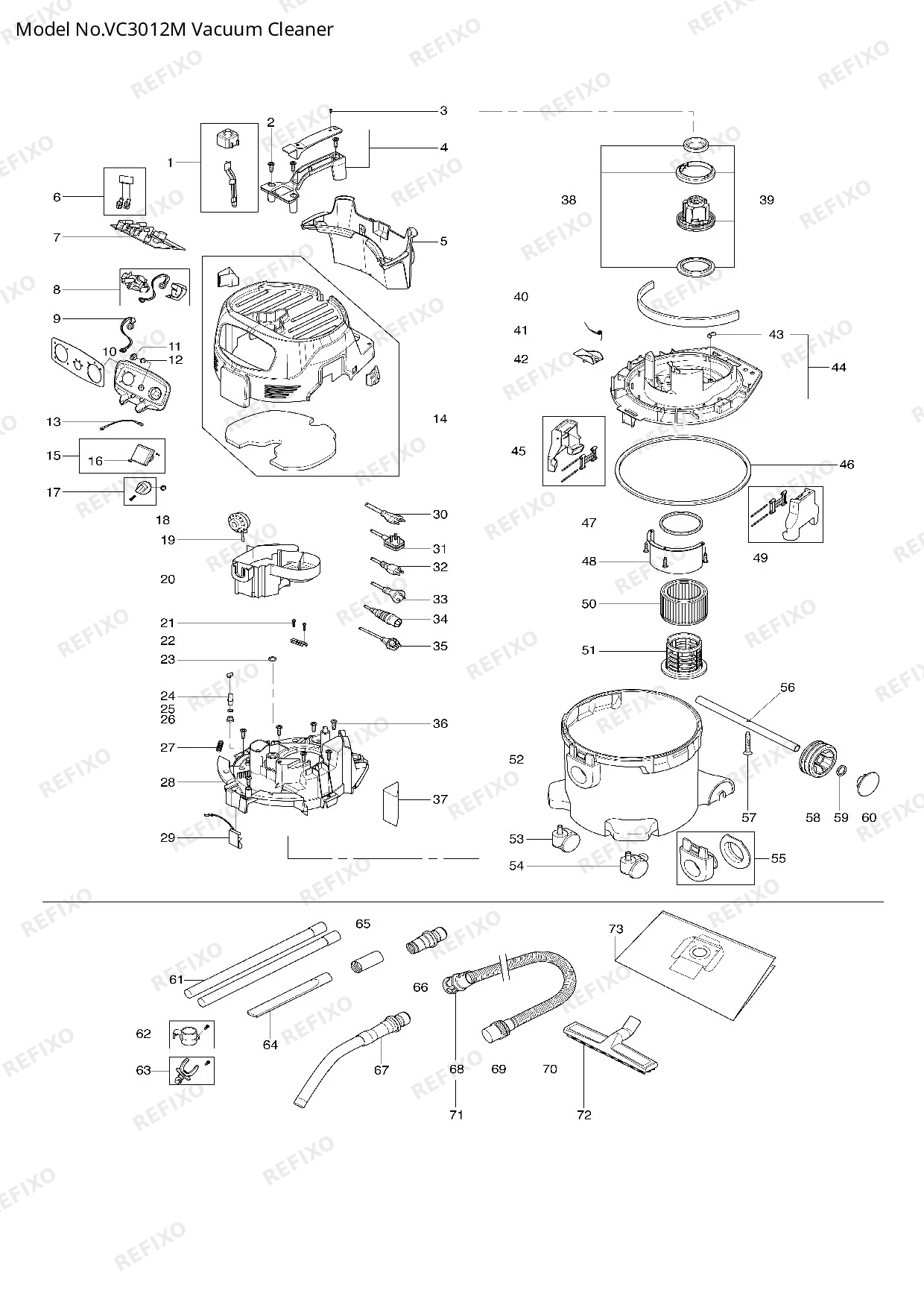 Деталировка MAKITA VC3012M — схема запчастей в разборе