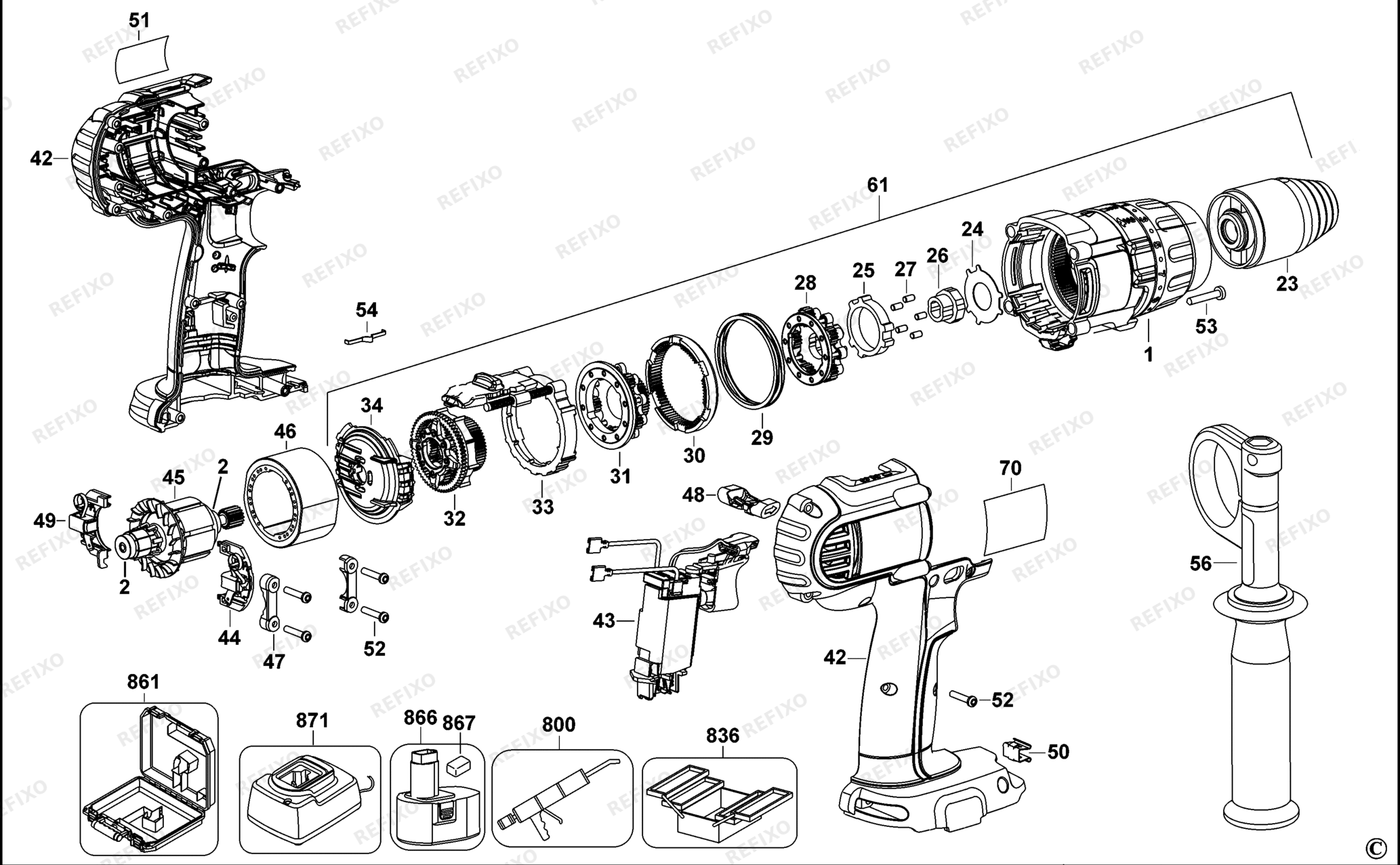 Деталировка DeWalt DCD970-XJ TYPE 1 перфоратор DCD970-XJ DCD970 — схема запчастей в разборе