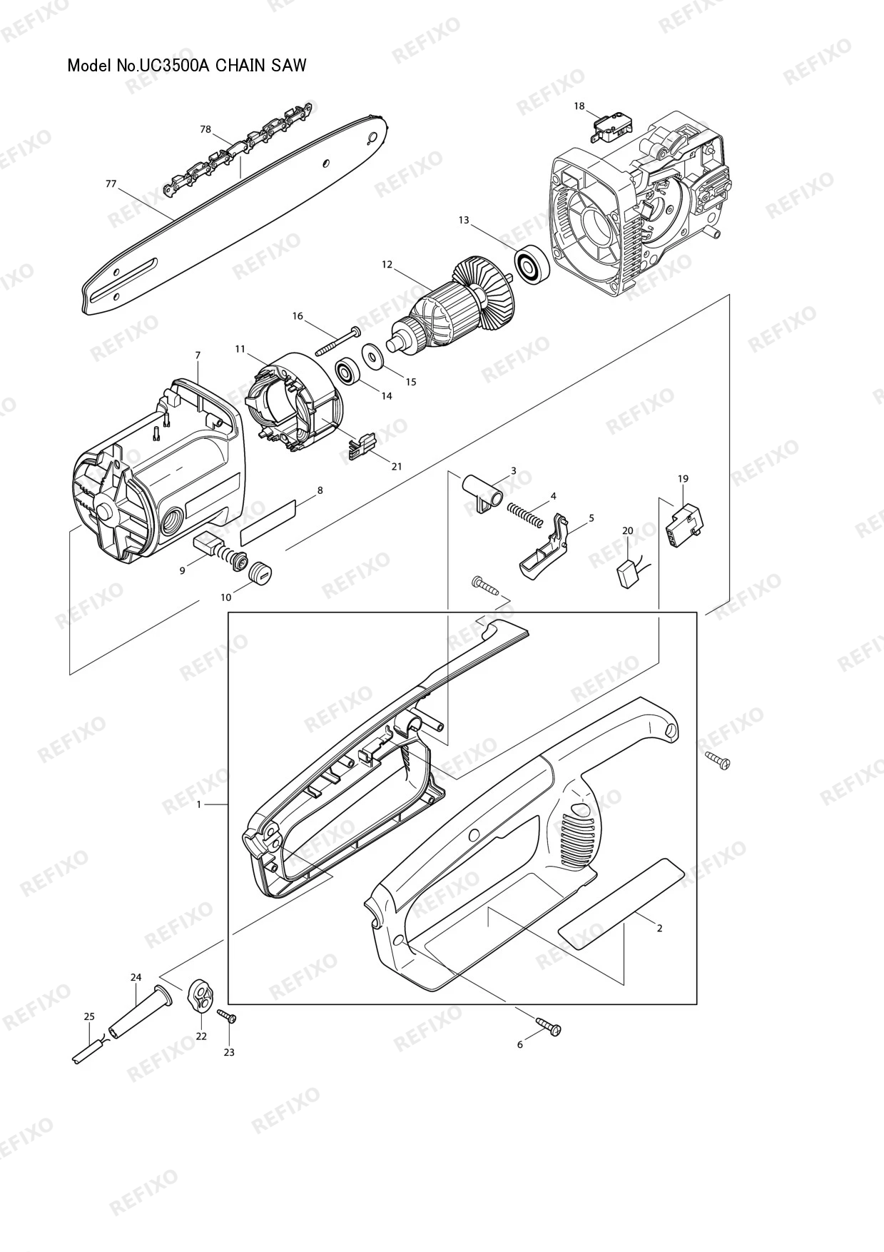 Деталировка MAKITA UC3500A — схема запчастей в разборе