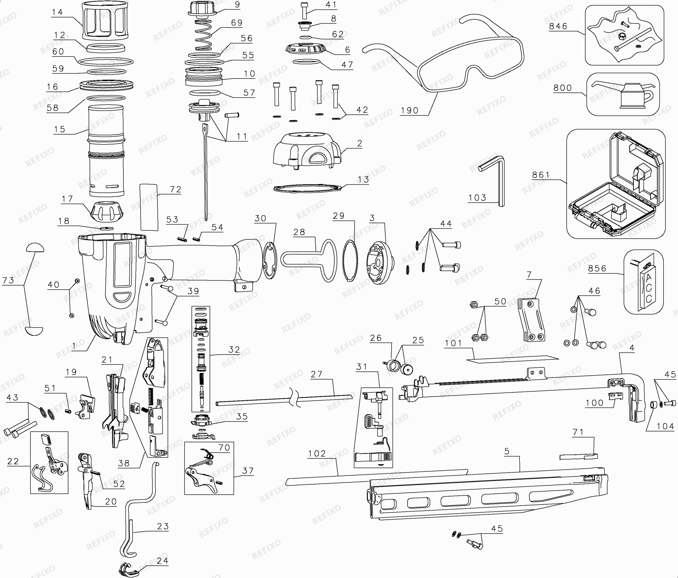 Деталировка DeWalt D51256K-XJ TYPE 1 63 mm Stift - Nagler D51256K-XJ D51256K — схема запчастей в разборе