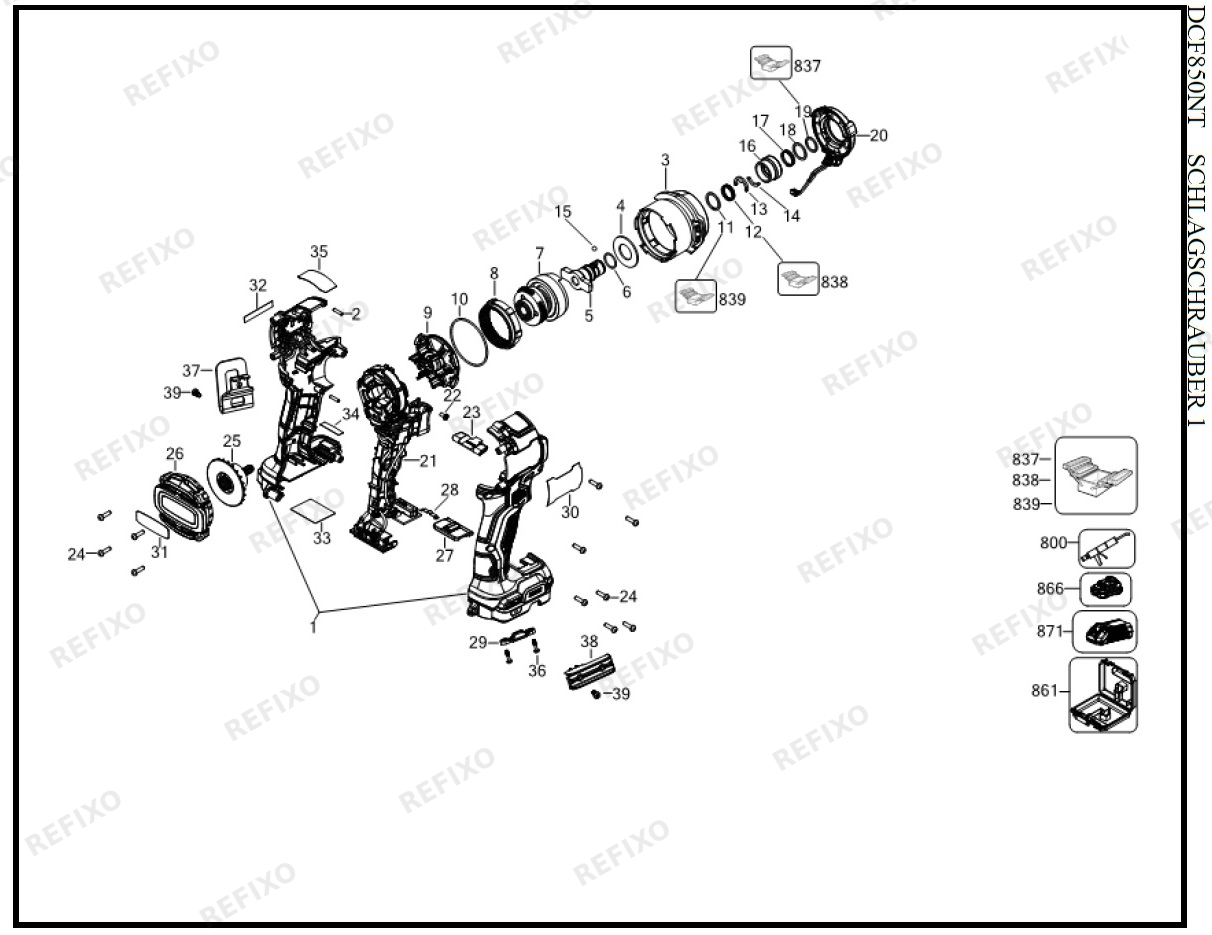Деталировка DeWalt DCF850NT-XJ TYPE 1 SCHLAGSCHRAUBER DCF850NT-XJ DCF850NT — схема запчастей в разборе