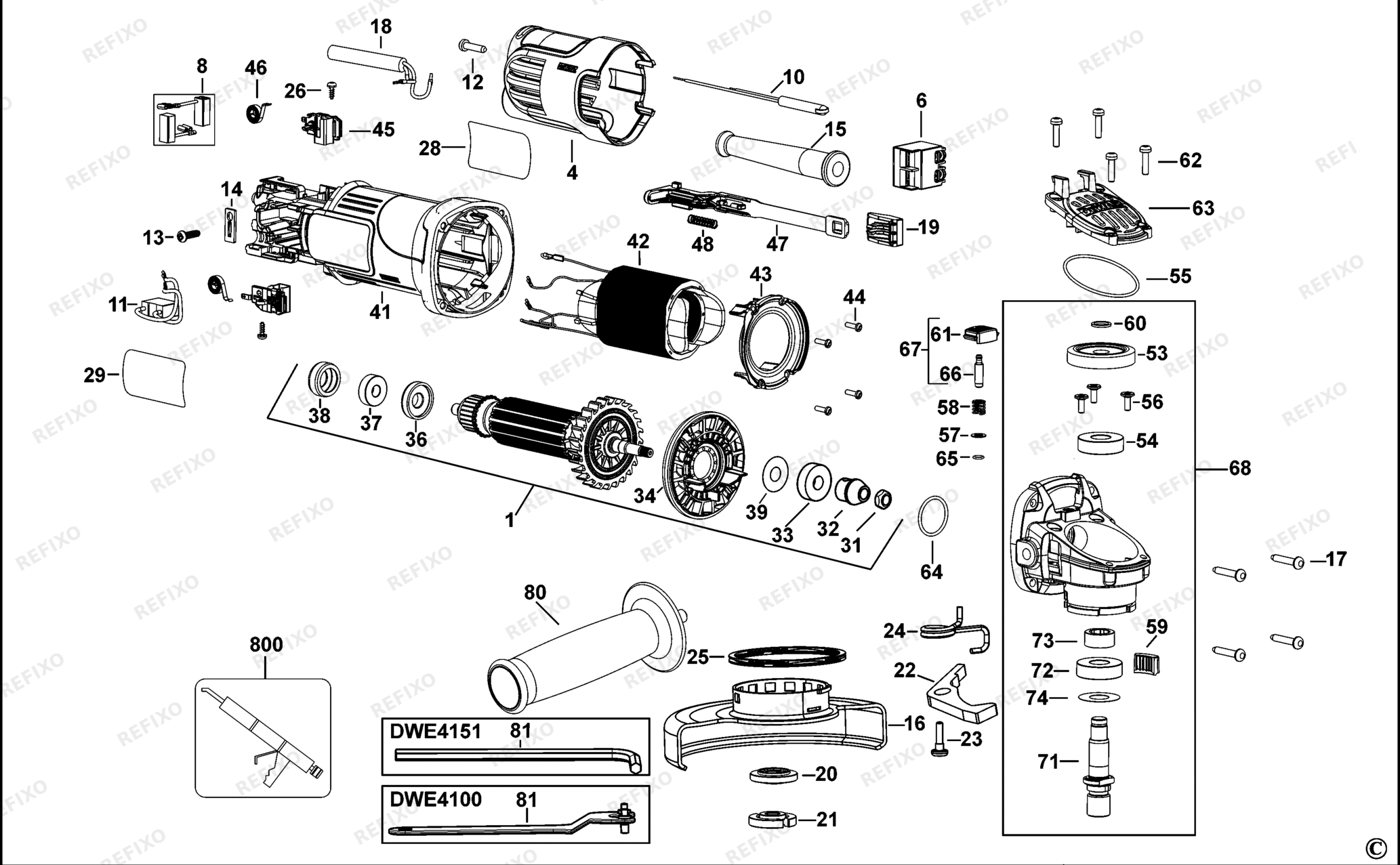 Деталировка DeWalt DWE4100-XJ TYPE 1 SMALL ANGLE GRINDER DWE4100-XJ DWE4100 — схема запчастей в разборе