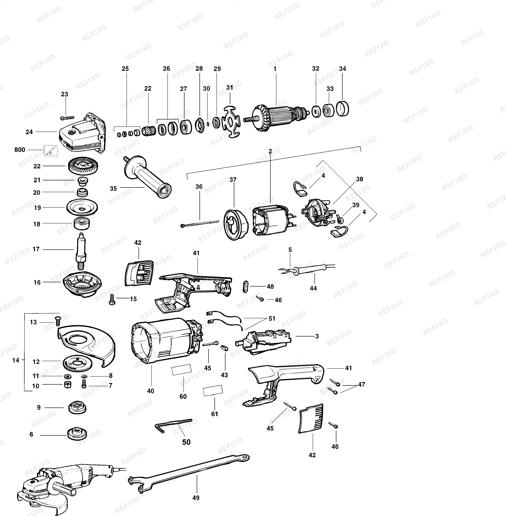 Деталировка DeWalt DW477-XJ TYPE 2 угловая шлифмашина DW477-XJ DW477 — схема запчастей в разборе