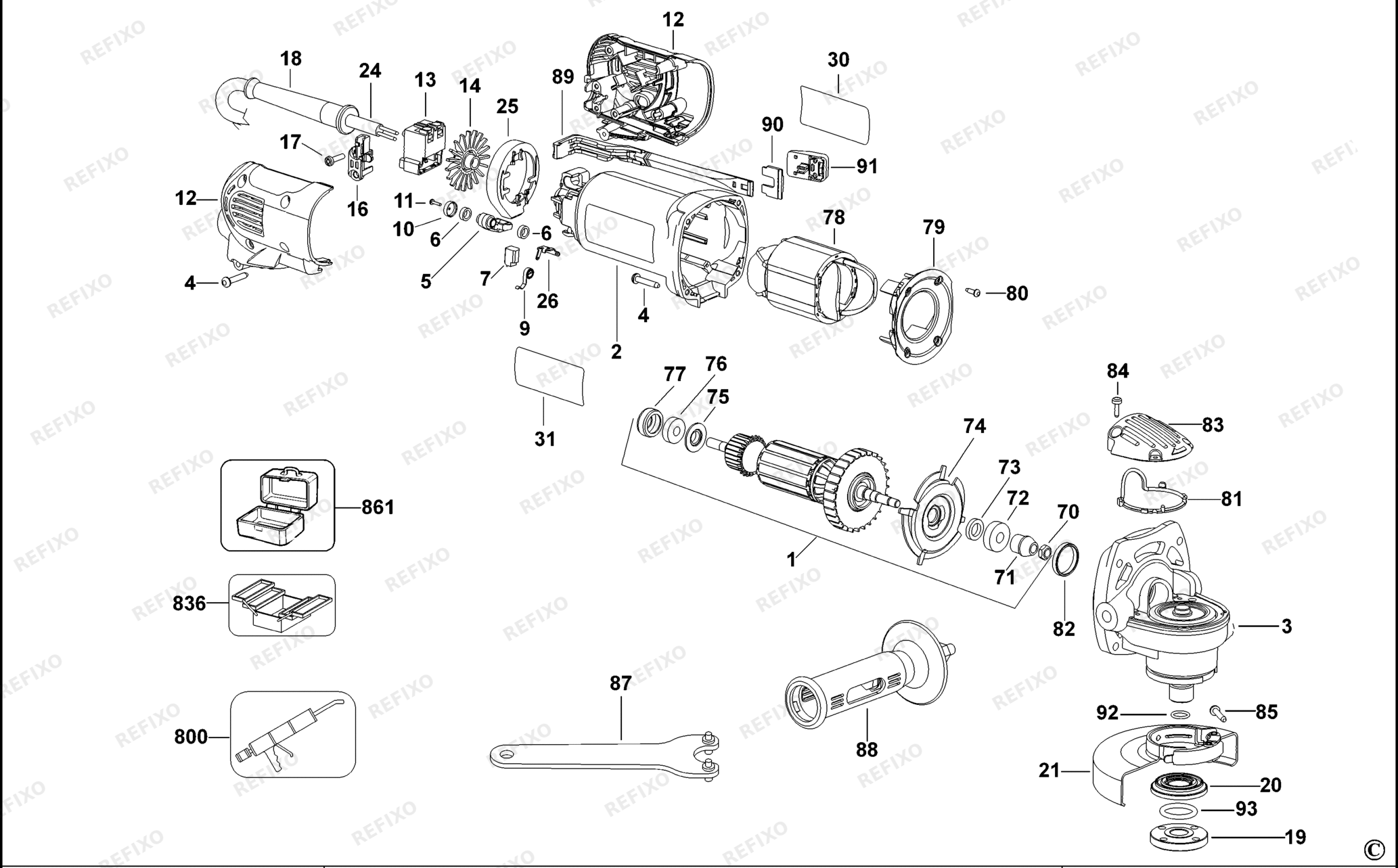 Деталировка DeWalt D28135-QS TYPE 1 SMALL ANGLE GRINDER D28135-QS D28135 — схема запчастей в разборе