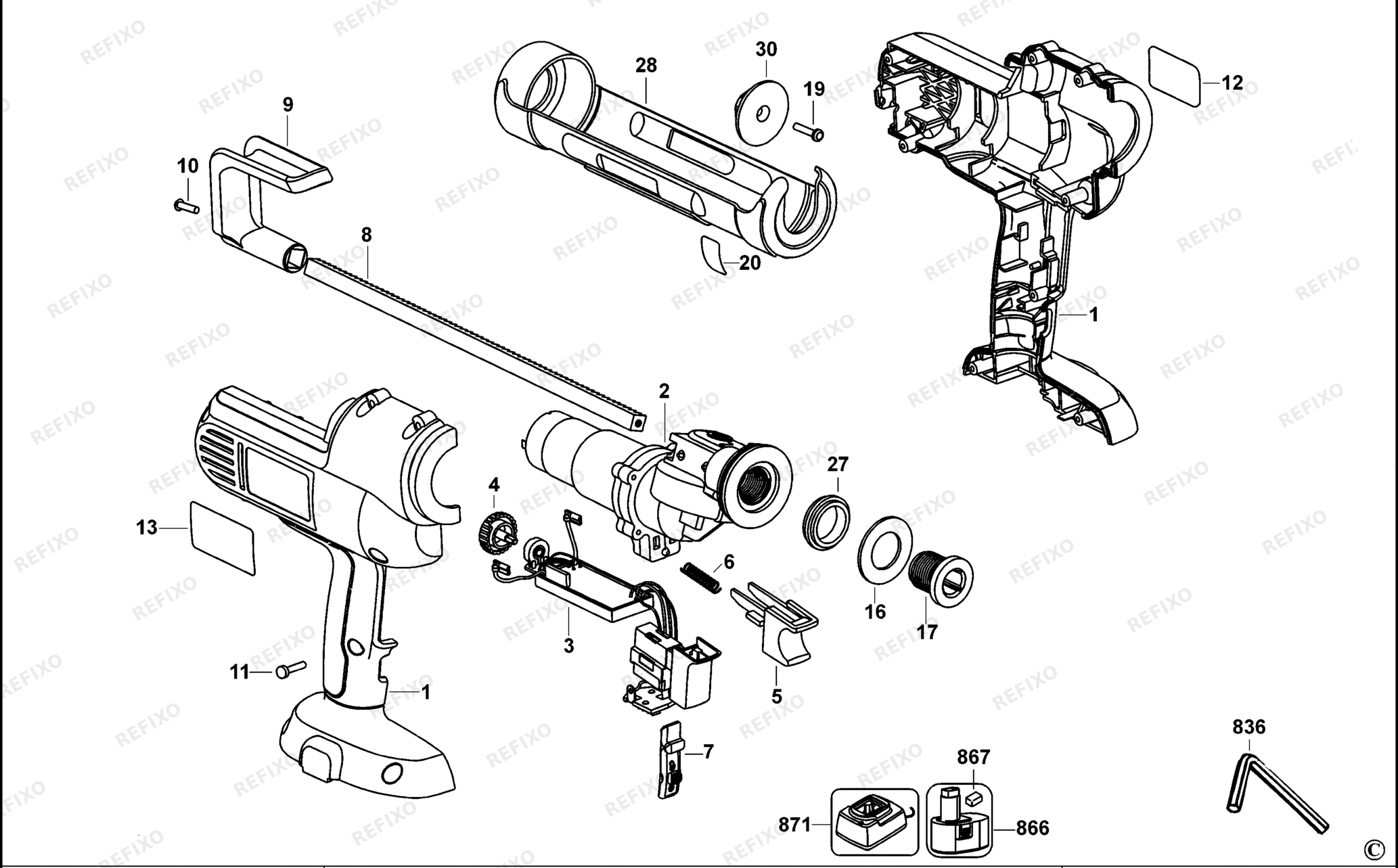 Деталировка DeWalt DC540K-QW TYPE 1 KARTUSCHENPISTOLE DC540K-QW DC540K — схема запчастей в разборе
