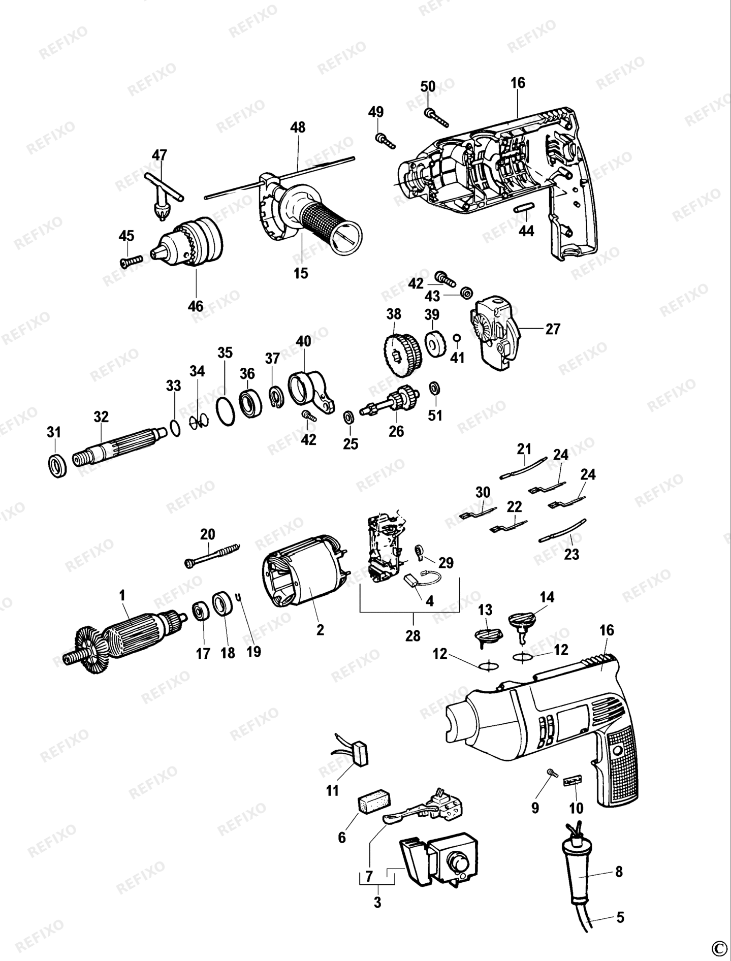 Деталировка DeWalt DW512-XJ TYPE 1 перфоратор DW512-XJ DW512 — схема запчастей в разборе