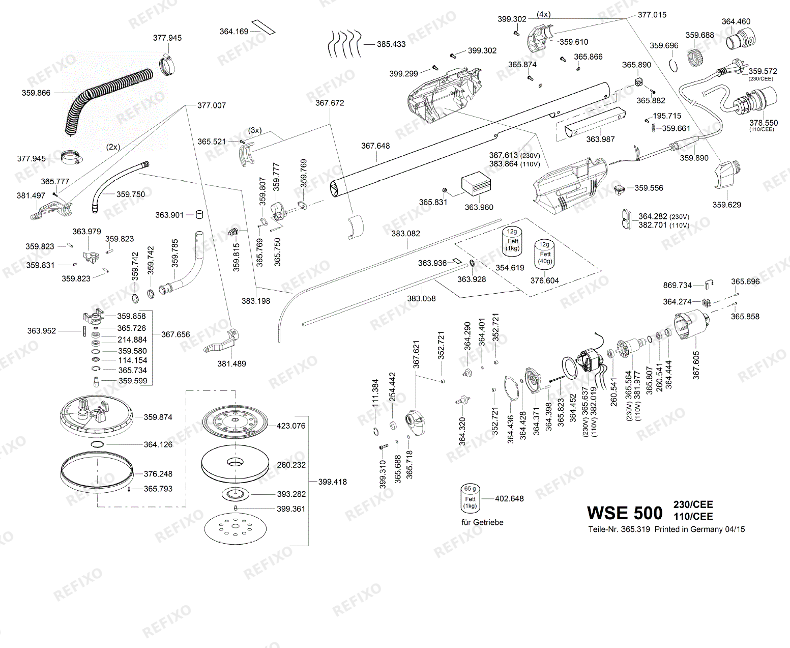 Деталировка Flex WSE 500 - Giraffe шлифмашина ab 01.04.2015 WSE500 — схема запчастей в разборе