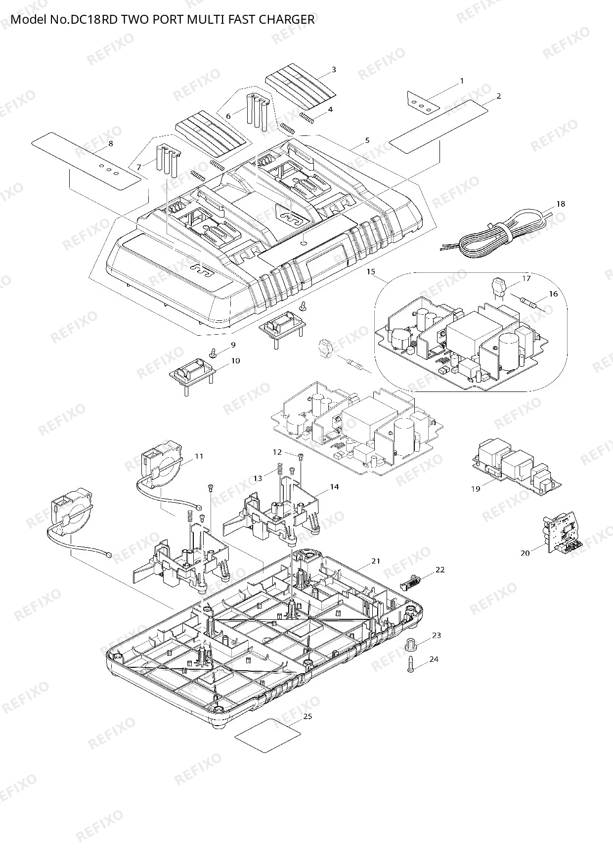 Деталировка MAKITA DC18RD — схема запчастей в разборе