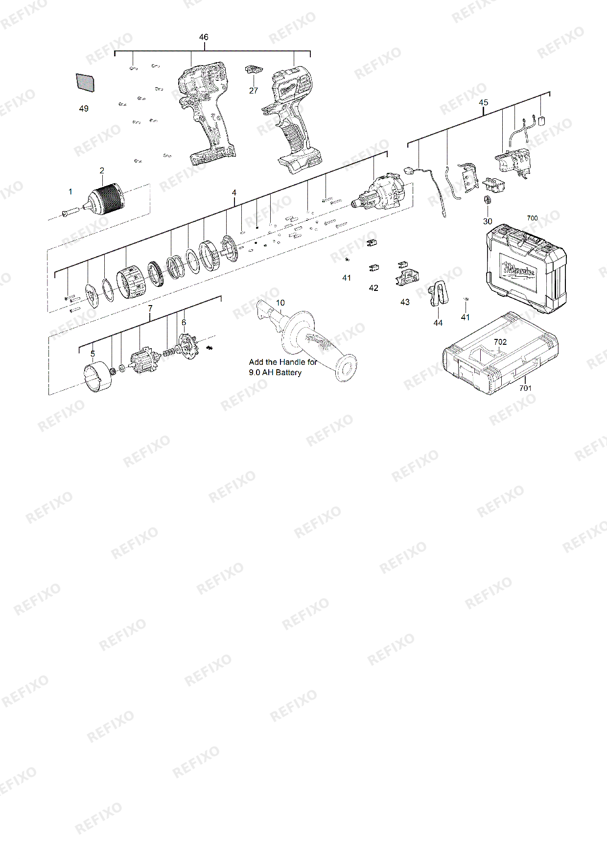 Деталировка MILWAUKEE M18BPDN 402C 4933459372 4000483374 — схема запчастей в разборе
