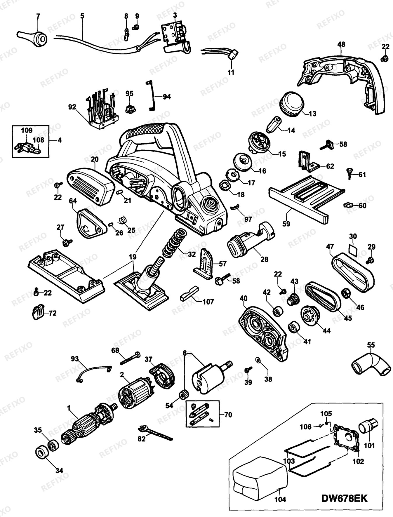 Деталировка DeWalt DW678E-DE TYPE 1 рубанок DW678E-DE DW678E — схема запчастей в разборе