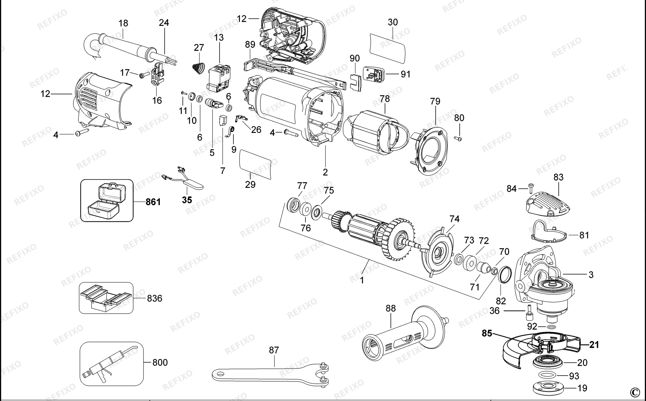 Деталировка DeWalt D28011-QS TYPE 3 SMALL ANGLE GRINDER D28011-QS D28011 — схема запчастей в разборе