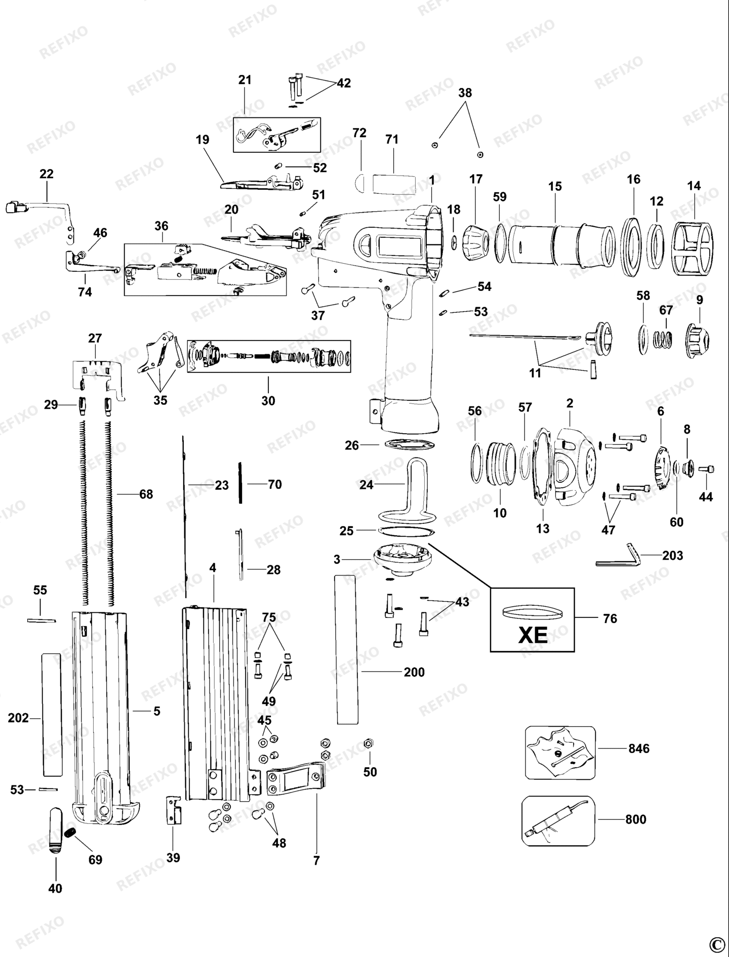 Деталировка DeWalt D51238K-QS TYPE 1 50 mm Stauchkopf - Nagler D51238K-QS D51238K — схема запчастей в разборе