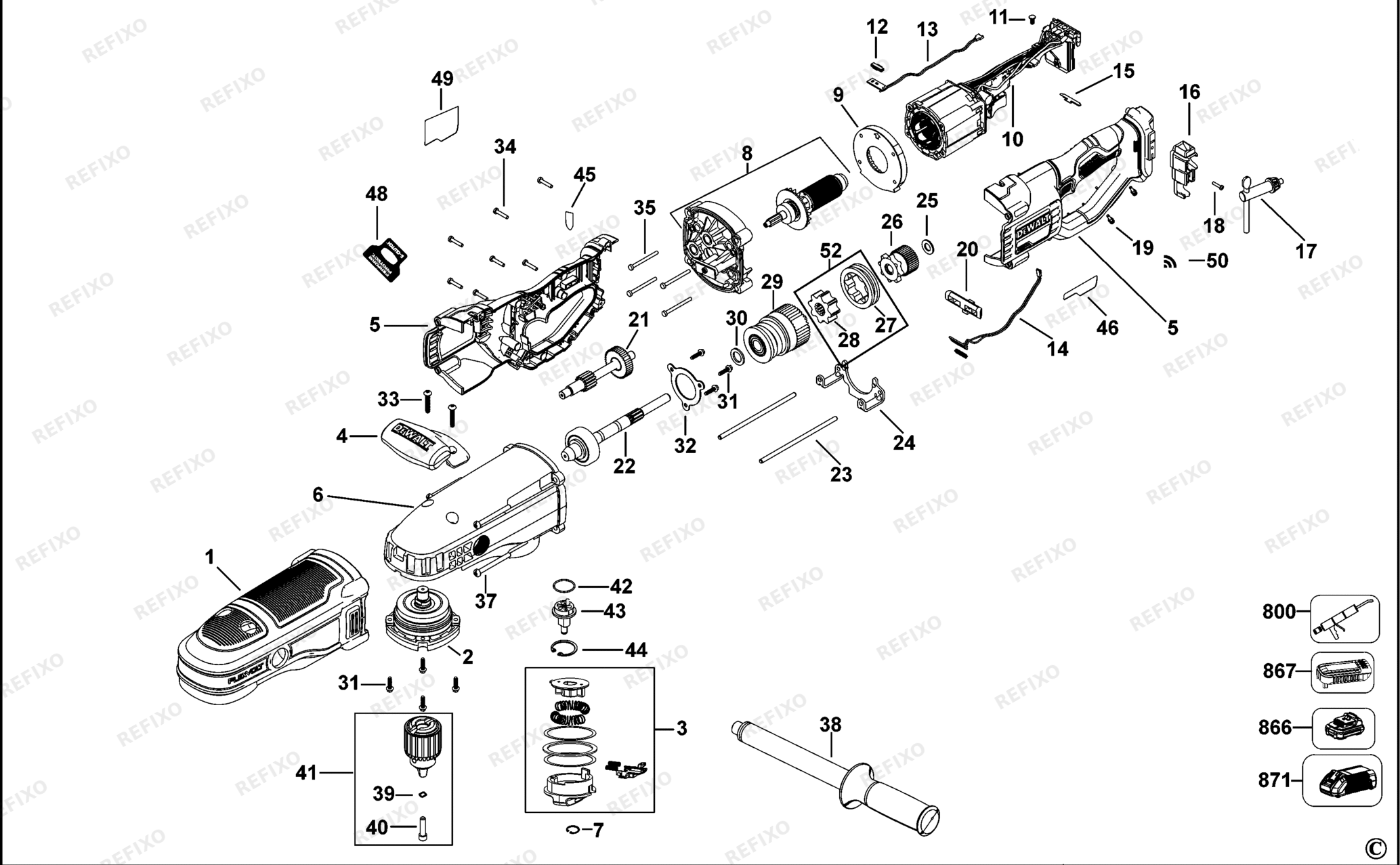 Деталировка DeWalt DCD470-XJ TYPE 1 RIGHT ANGLE DRILL DCD470-XJ DCD470 — схема запчастей в разборе