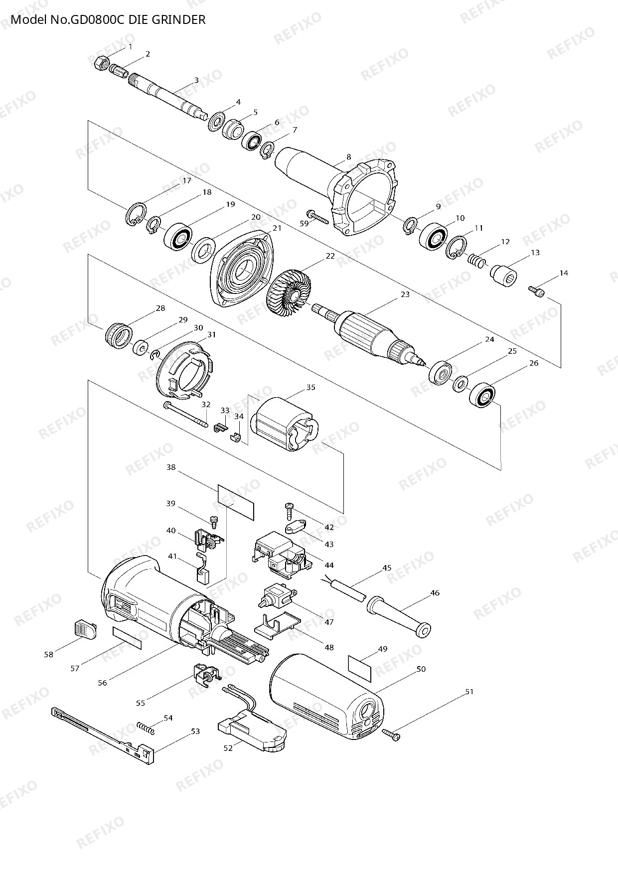 Деталировка MAKITA GD0800C — схема запчастей в разборе