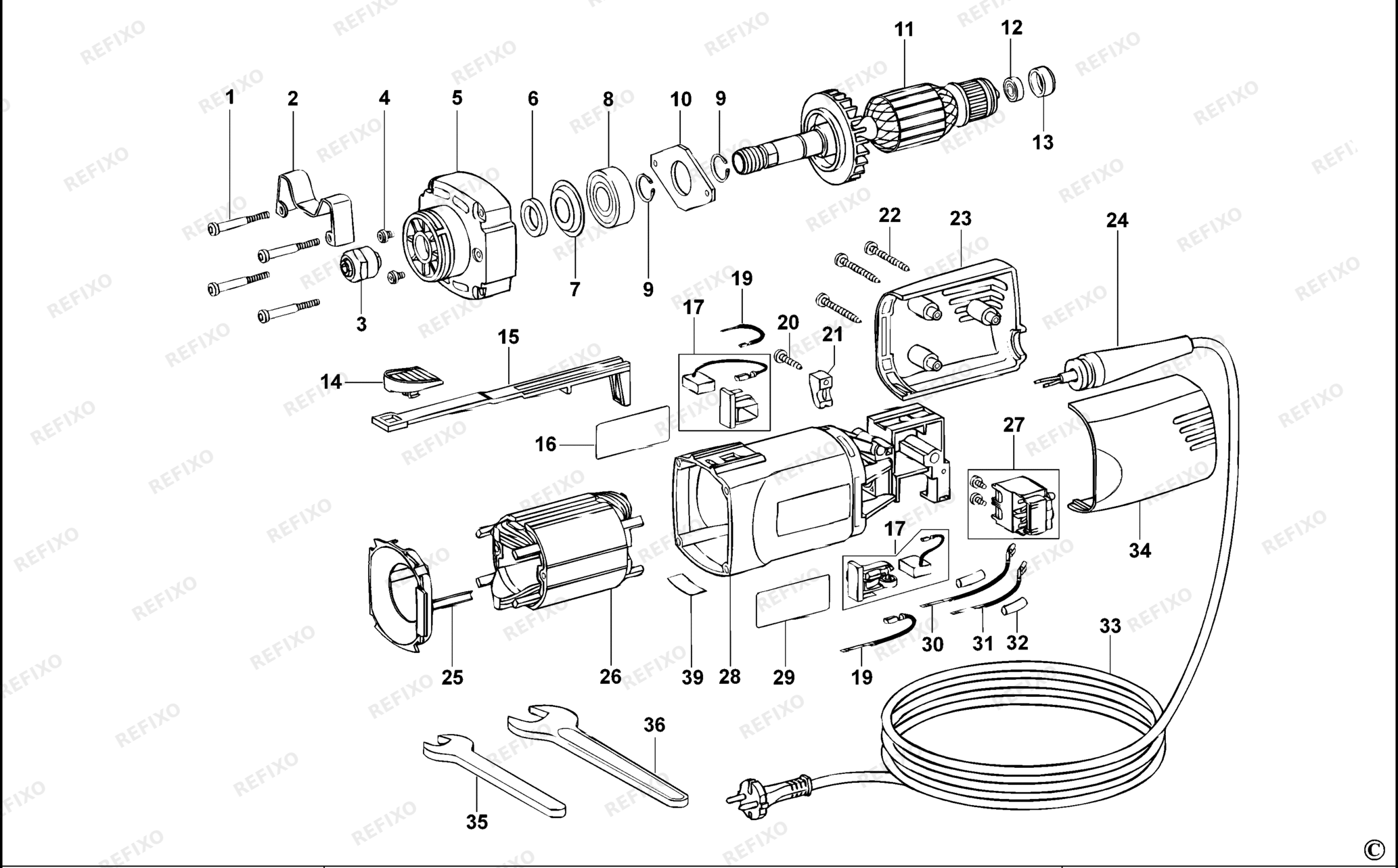 Деталировка DeWalt D28885-QS TYPE 1 шлифмашина D28885-QS D28885 — схема запчастей в разборе