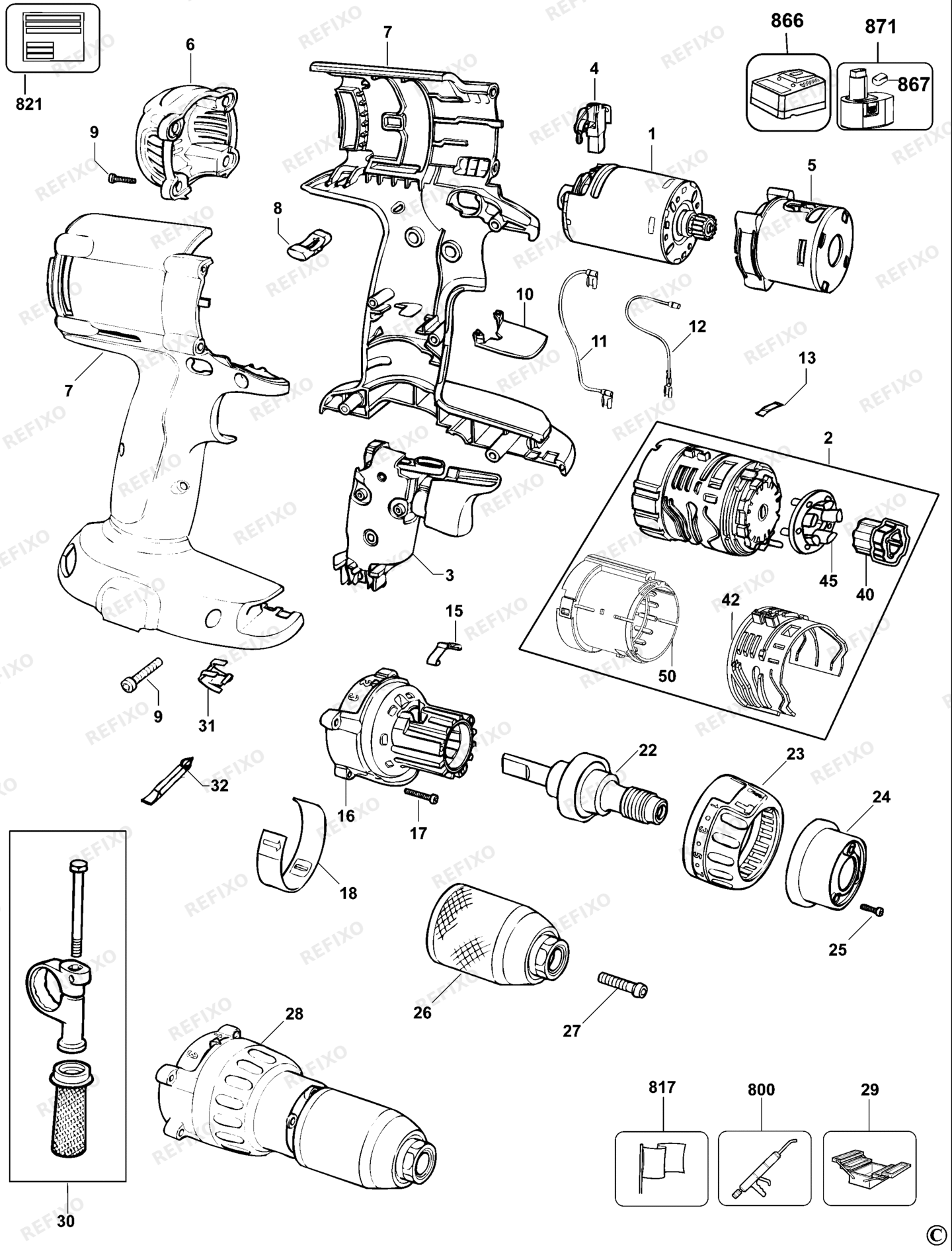 Деталировка DeWalt DC987K-QW TYPE 10 аккумуляторный - дрель DC987K-QW DC987K — схема запчастей в разборе