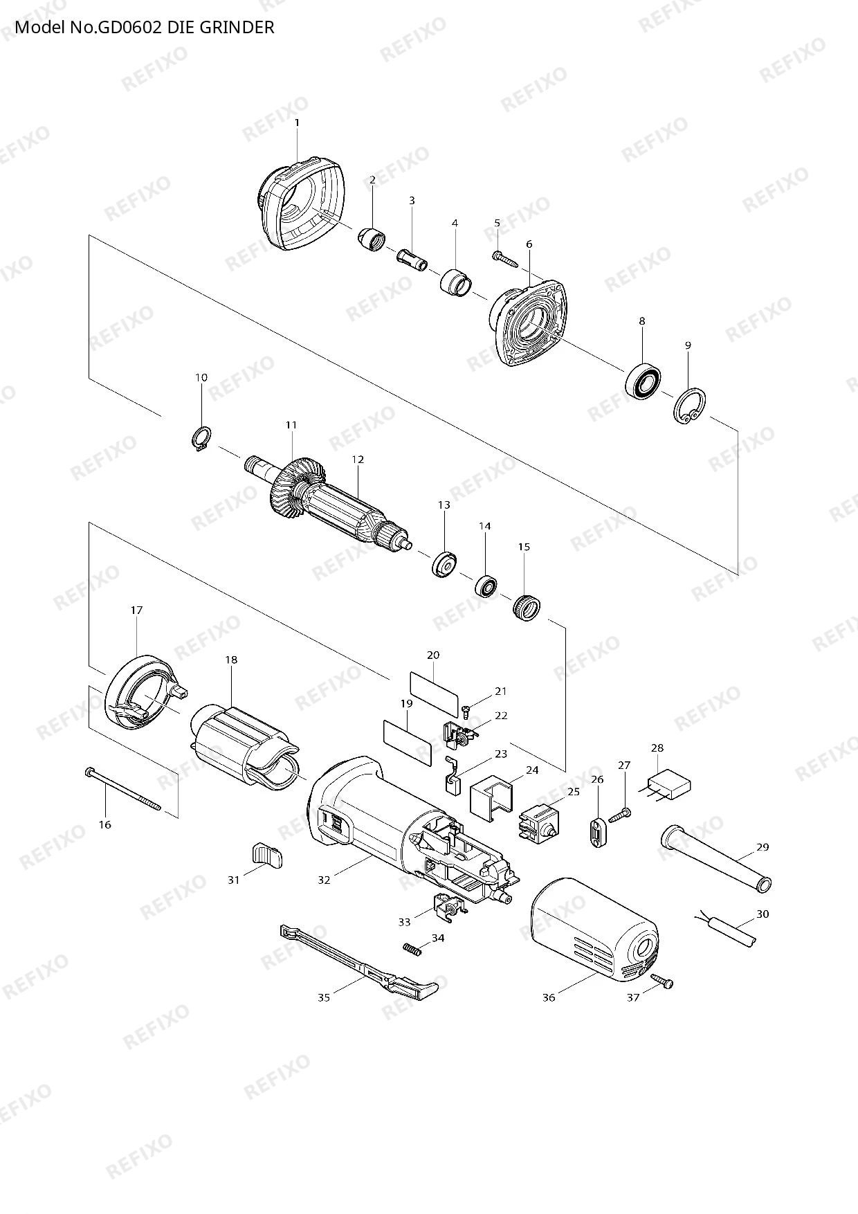 Деталировка MAKITA GD0602 — схема запчастей в разборе