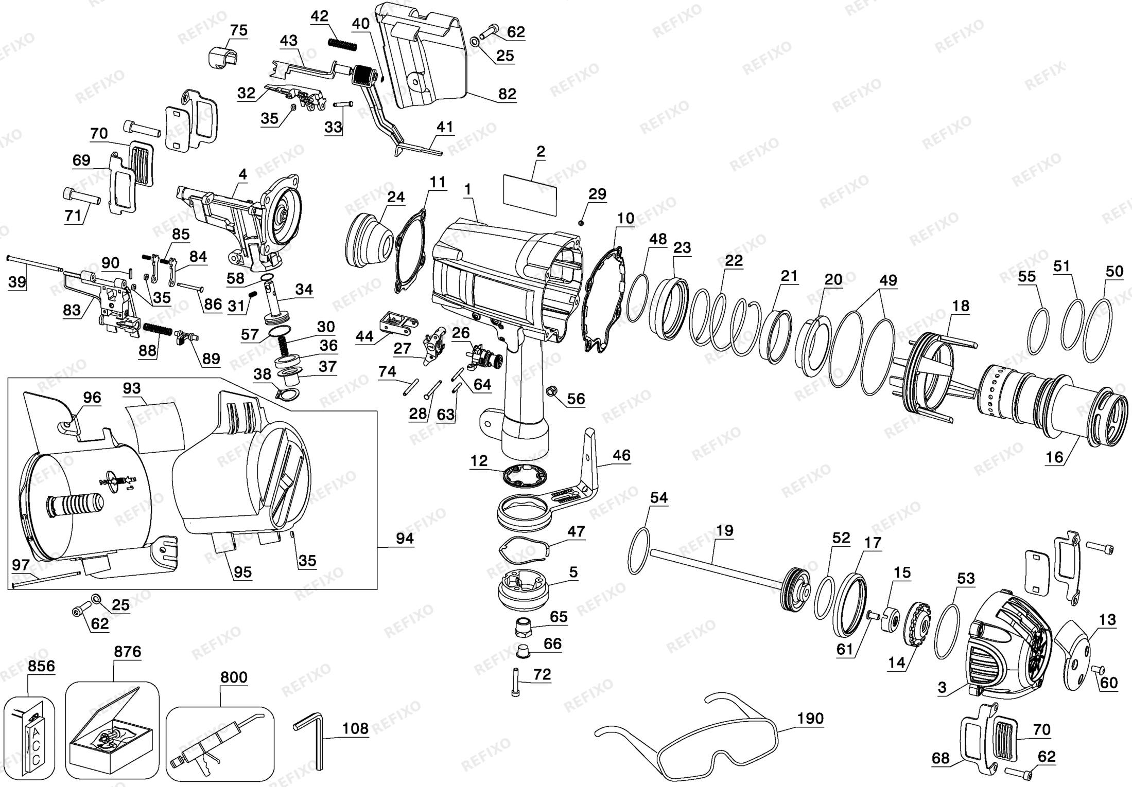 Деталировка DeWalt D51855-XJ TYPE 1 Coil Framing Nailer D51855-XJ D51855 — схема запчастей в разборе