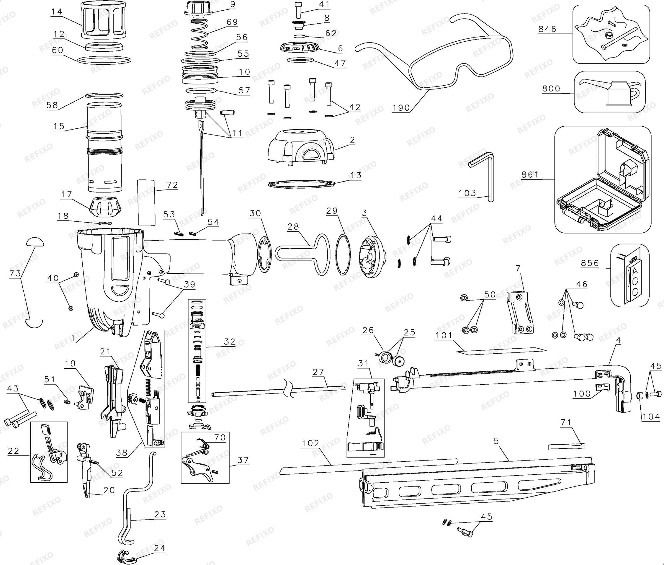 Деталировка DeWalt D51256K-XJ TYPE 2 63 mm Stift - Nagler D51256K-XJ D51256K — схема запчастей в разборе