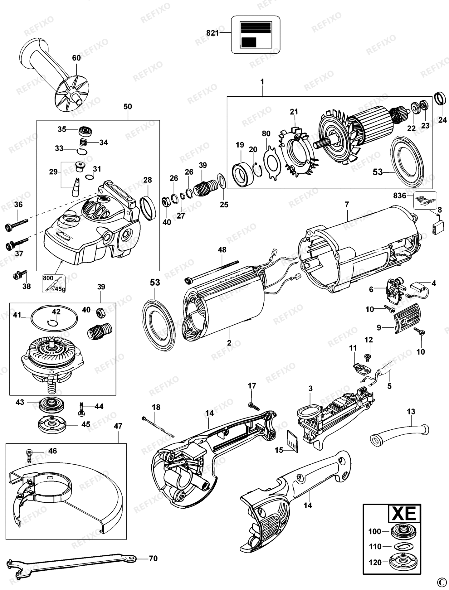 Деталировка DeWalt D28411-QS TYPE 2 угловая шлифмашина D28411-QS D28411 — схема запчастей в разборе