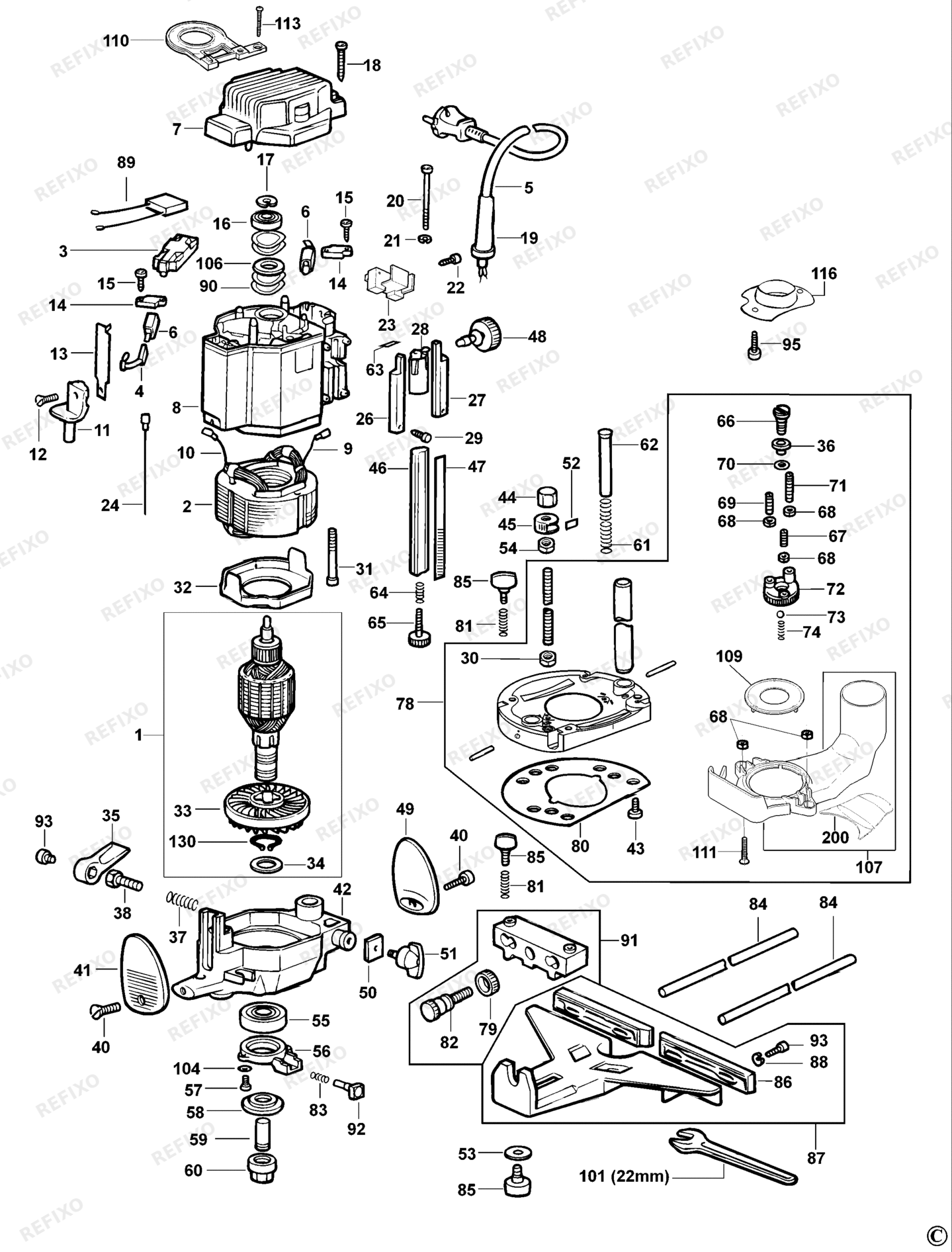 Деталировка DeWalt DW624-QS TYPE 1 HOHLFRÄSER DW624-QS DW624 — схема запчастей в разборе