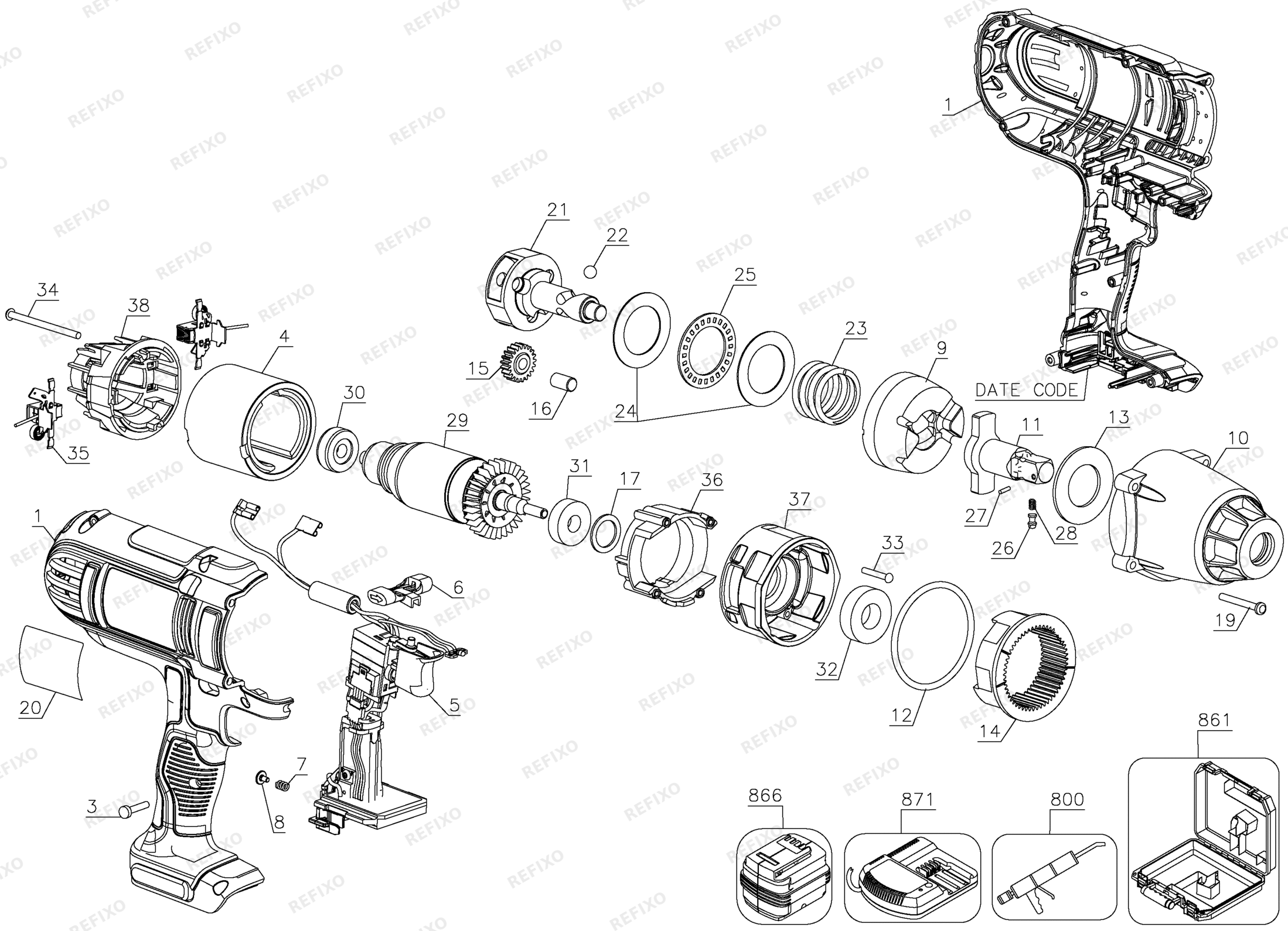 Деталировка DeWalt DCF889N-XJ TYPE 1 DE-CORDLESS IMPACT WRENCH DCF889N-XJ DCF889N — схема запчастей в разборе