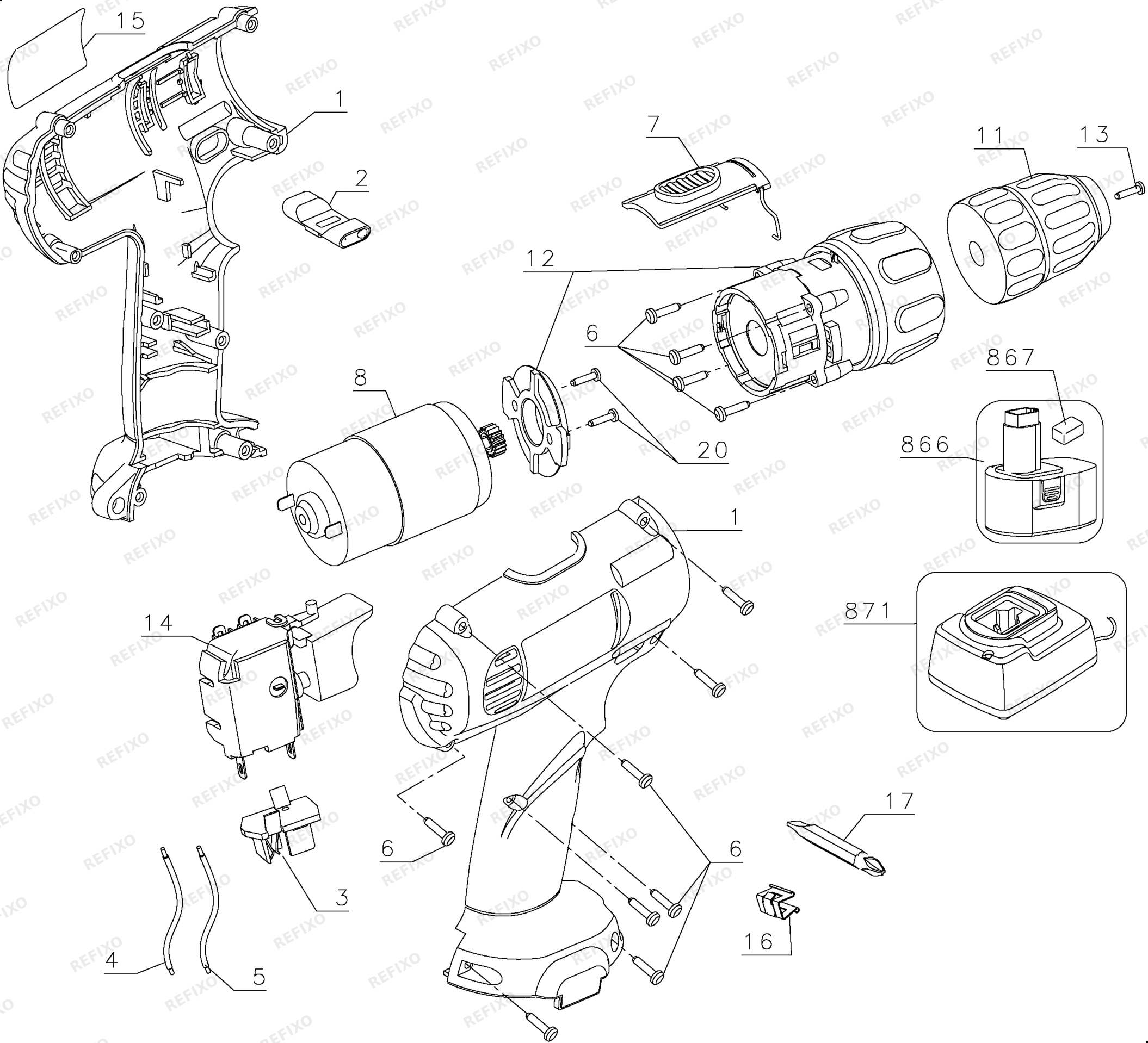 Деталировка DeWalt DW907K2-QW TYPE 1 12V CORDLESS DRILL DRIVER DW907K2-QW DW907K2 — схема запчастей в разборе