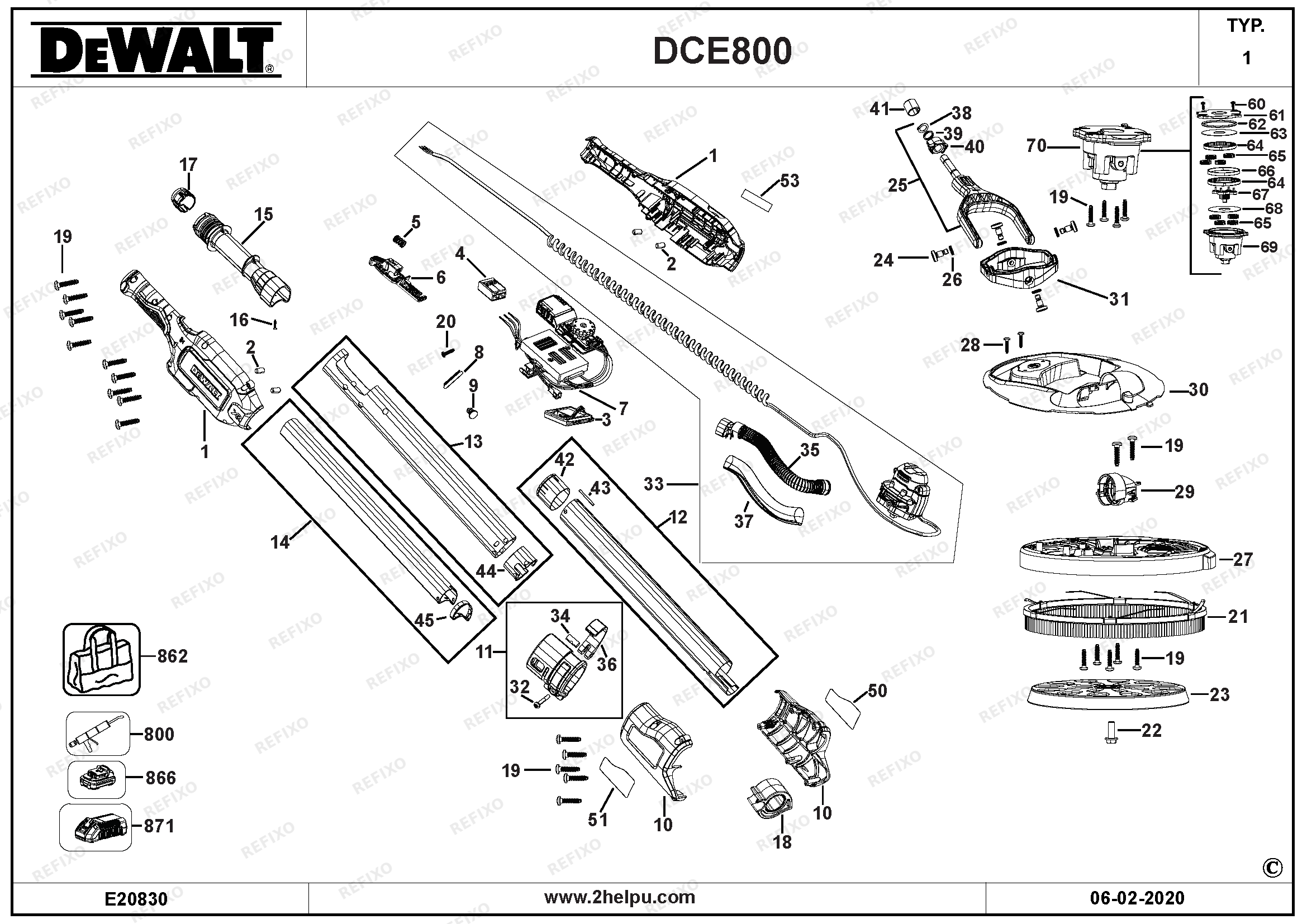Деталировка DeWalt DCE800N-XJ TYPE 1 DE-DRYWALL SANDER DCE800N-XJ DCE800N — схема запчастей в разборе