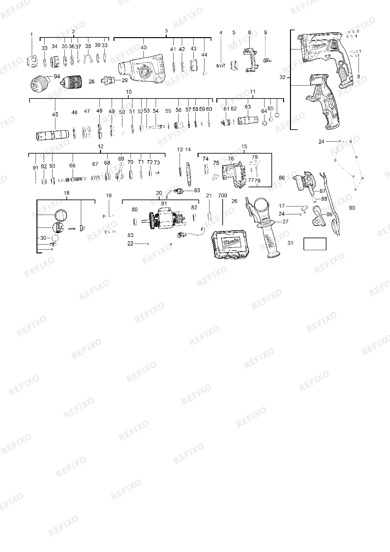 Деталировка MILWAUKEE PH26TX 4933464579 4000469070 — схема запчастей в разборе