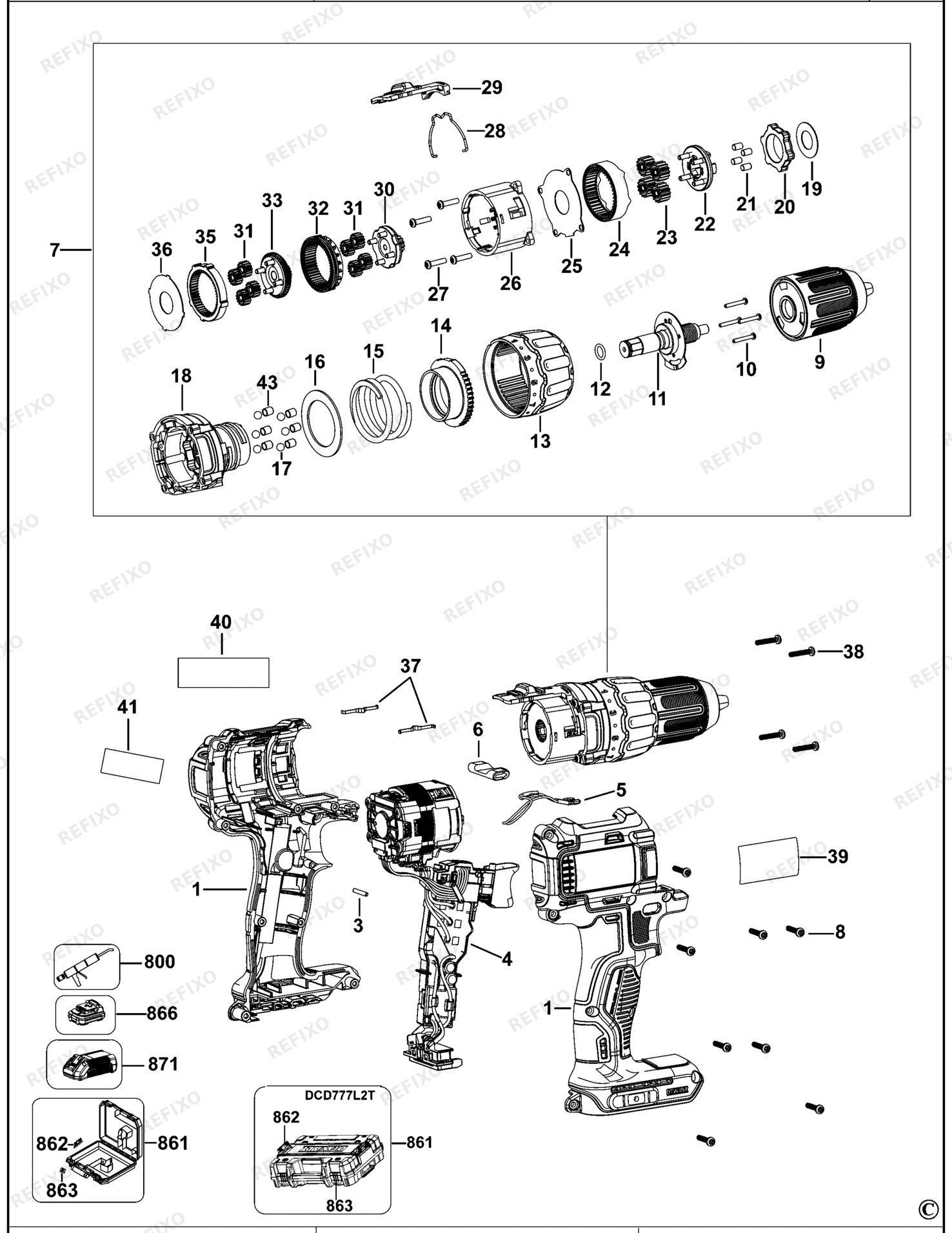 Деталировка DeWalt DCD777P1-XJ TYPE 1 BOHRERANTRIEB DCD777P1-XJ DCD777P1 — схема запчастей в разборе