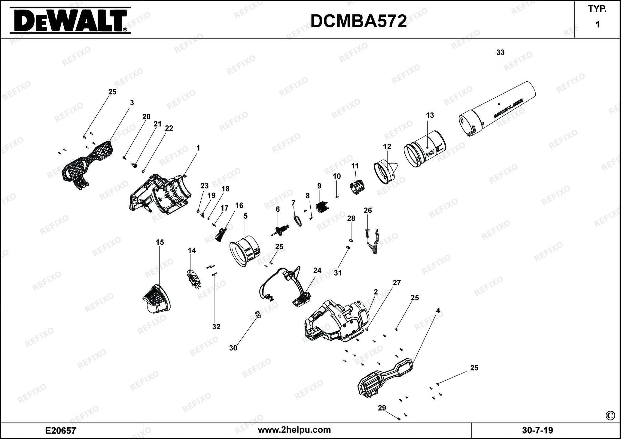 Деталировка DeWalt DCMBA572-QW TYPE 1 GEBLÄSE DCMBA572-QW DCMBA572 — схема запчастей в разборе
