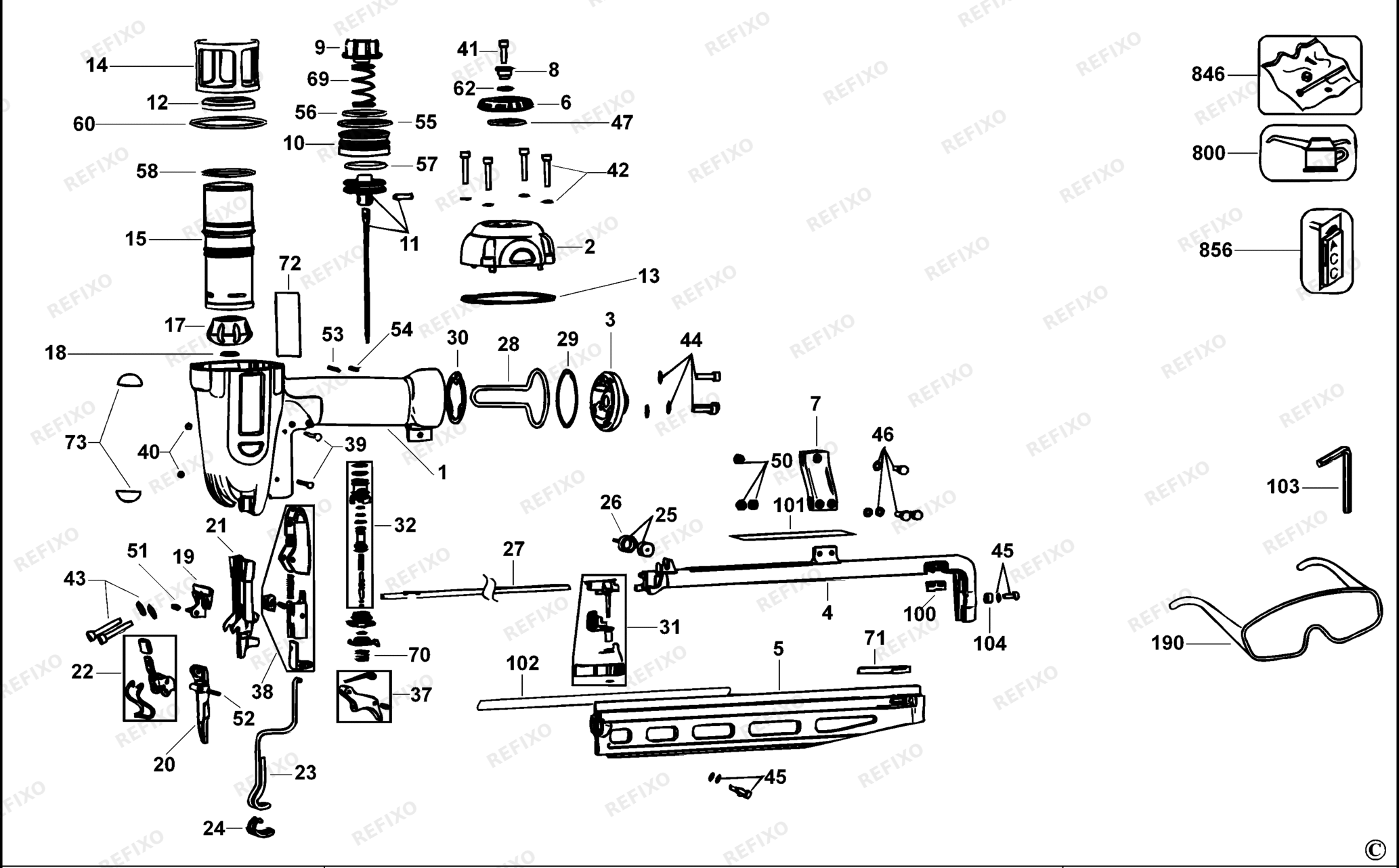 Деталировка DeWalt D51256K-QS TYPE 2 63 mm Stift - Nagler D51256K-QS D51256K — схема запчастей в разборе