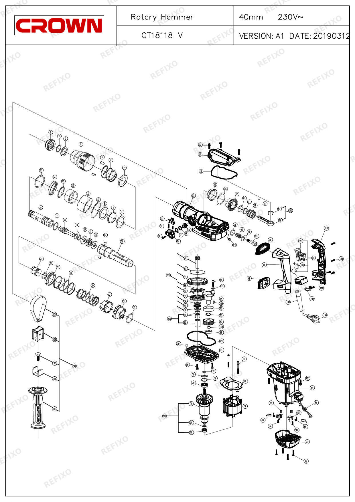 Деталировка CROWN CT18118V — схема запчастей в разборе