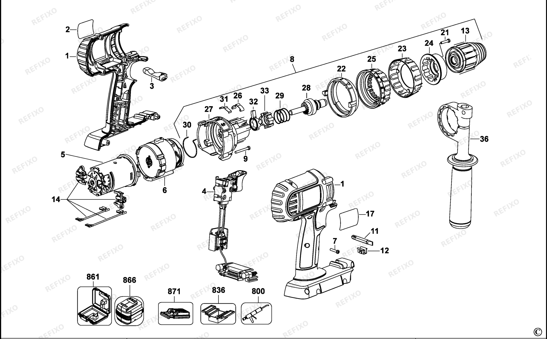 Деталировка DeWalt DC910KL-QW TYPE 1 аккумуляторный - дрель DC910KL-QW DC910KL — схема запчастей в разборе