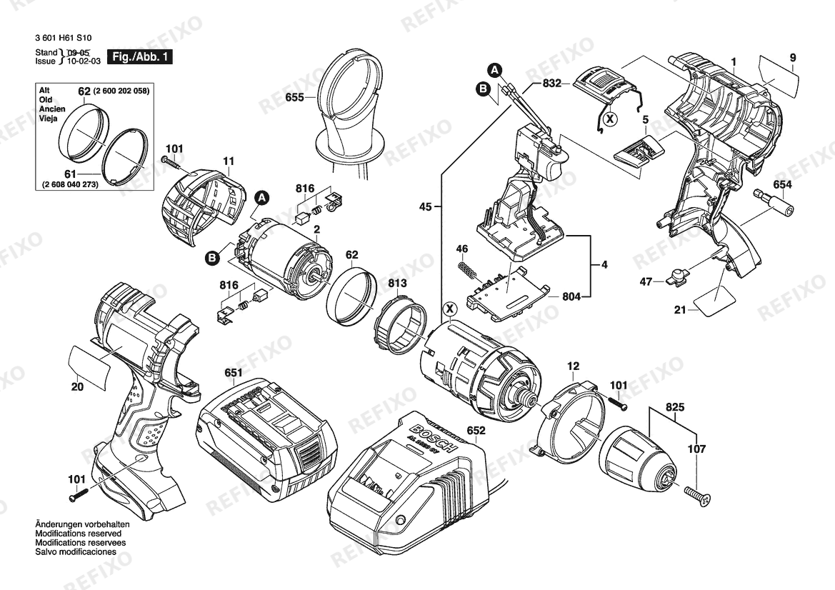 Деталировка Bosch Аккумуляторный шуруповёрт 37618 | 18 V | 061 - US (3 601 H61 S10) — схема запчастей в разборе
