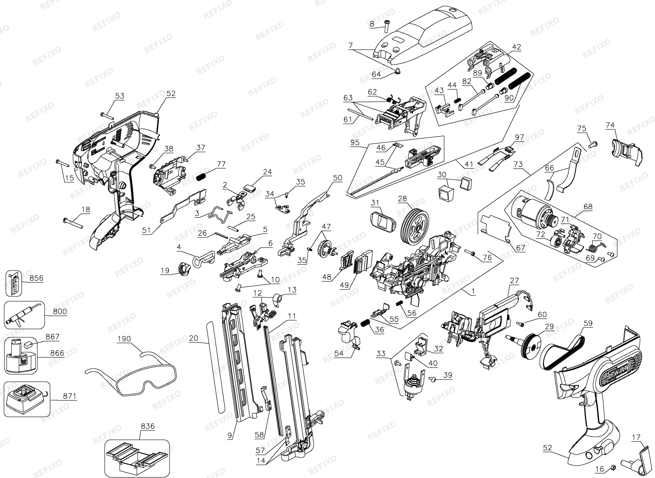 Деталировка DeWalt DC610KN-XJ TYPE 1 NAILER DC610KN-XJ DC610KN — схема запчастей в разборе