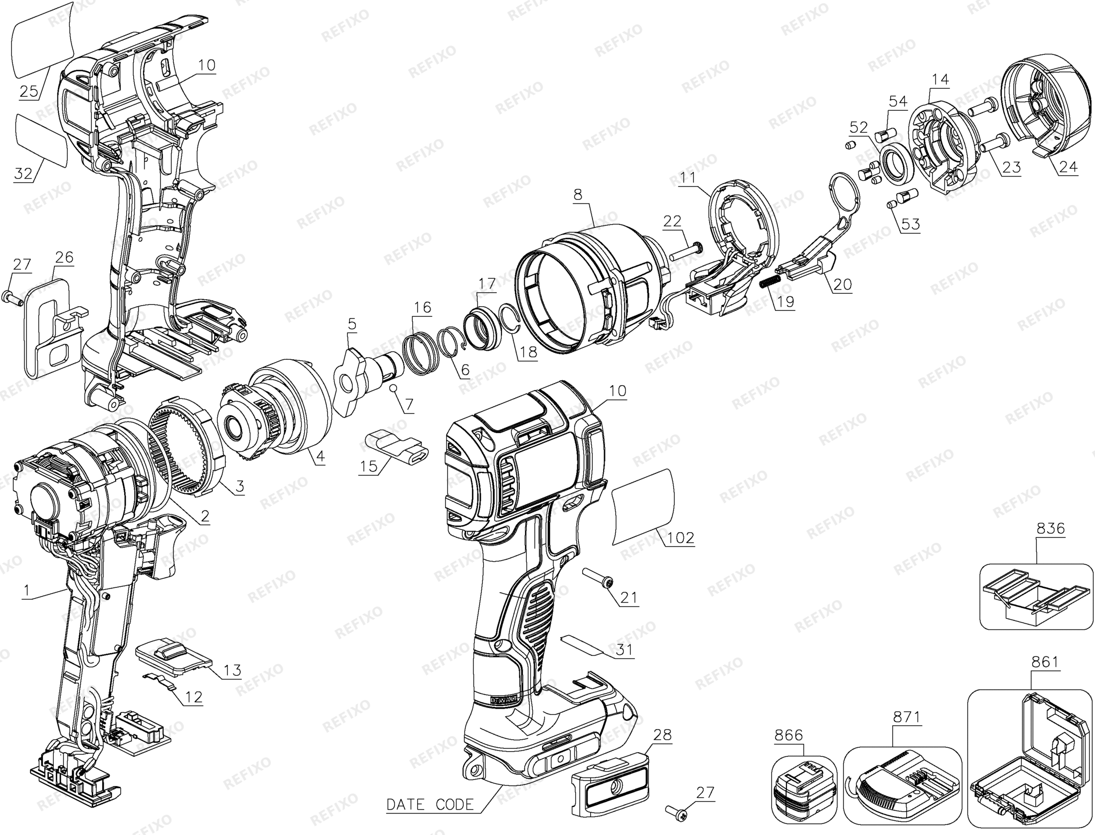 Деталировка DeWalt DCF895N-XJ TYPE 1 SCHLAGSCHRAUBER DCF895N-XJ DCF895N — схема запчастей в разборе