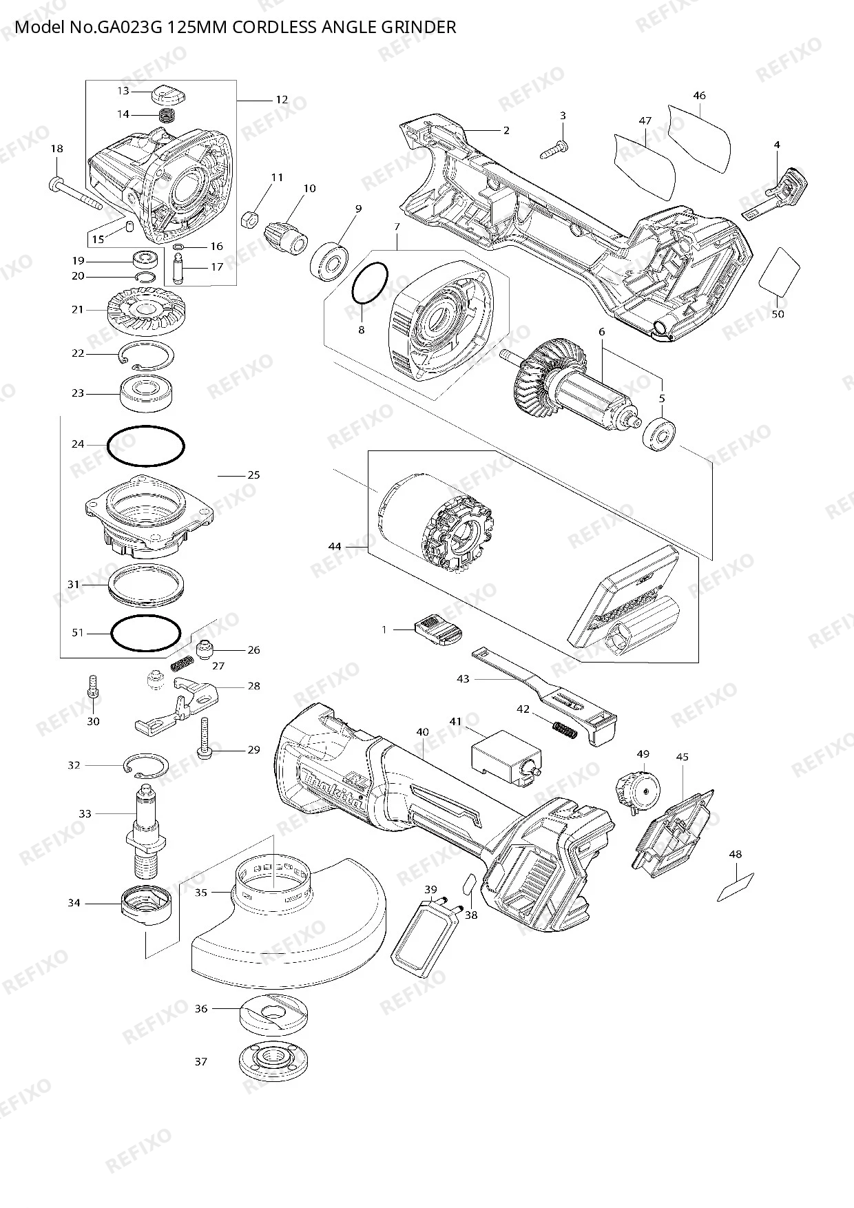 Деталировка MAKITA GA023G — схема запчастей в разборе