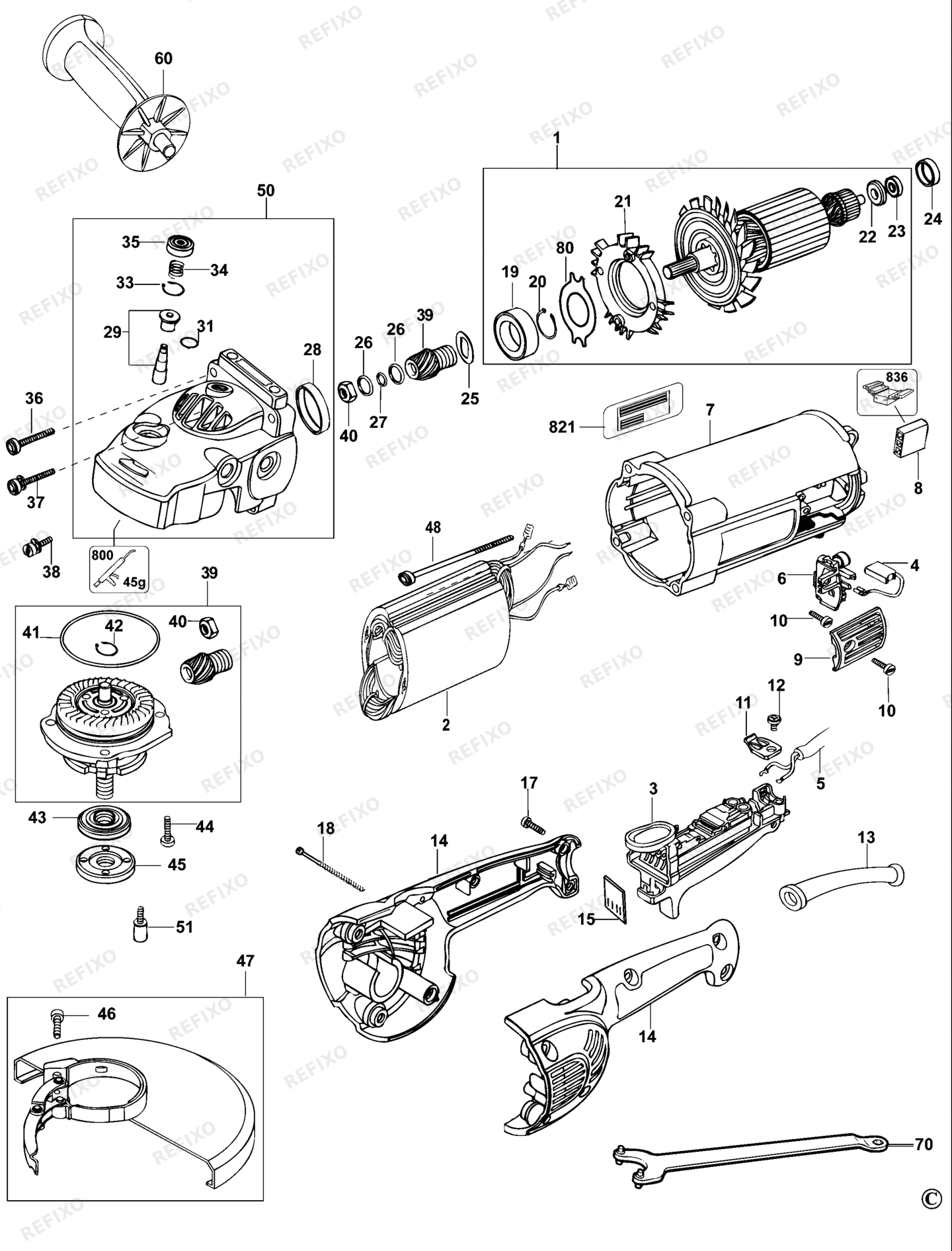 Деталировка DeWalt D28411-LX TYPE 4 угловая шлифмашина D28411-LX D28411 — схема запчастей в разборе