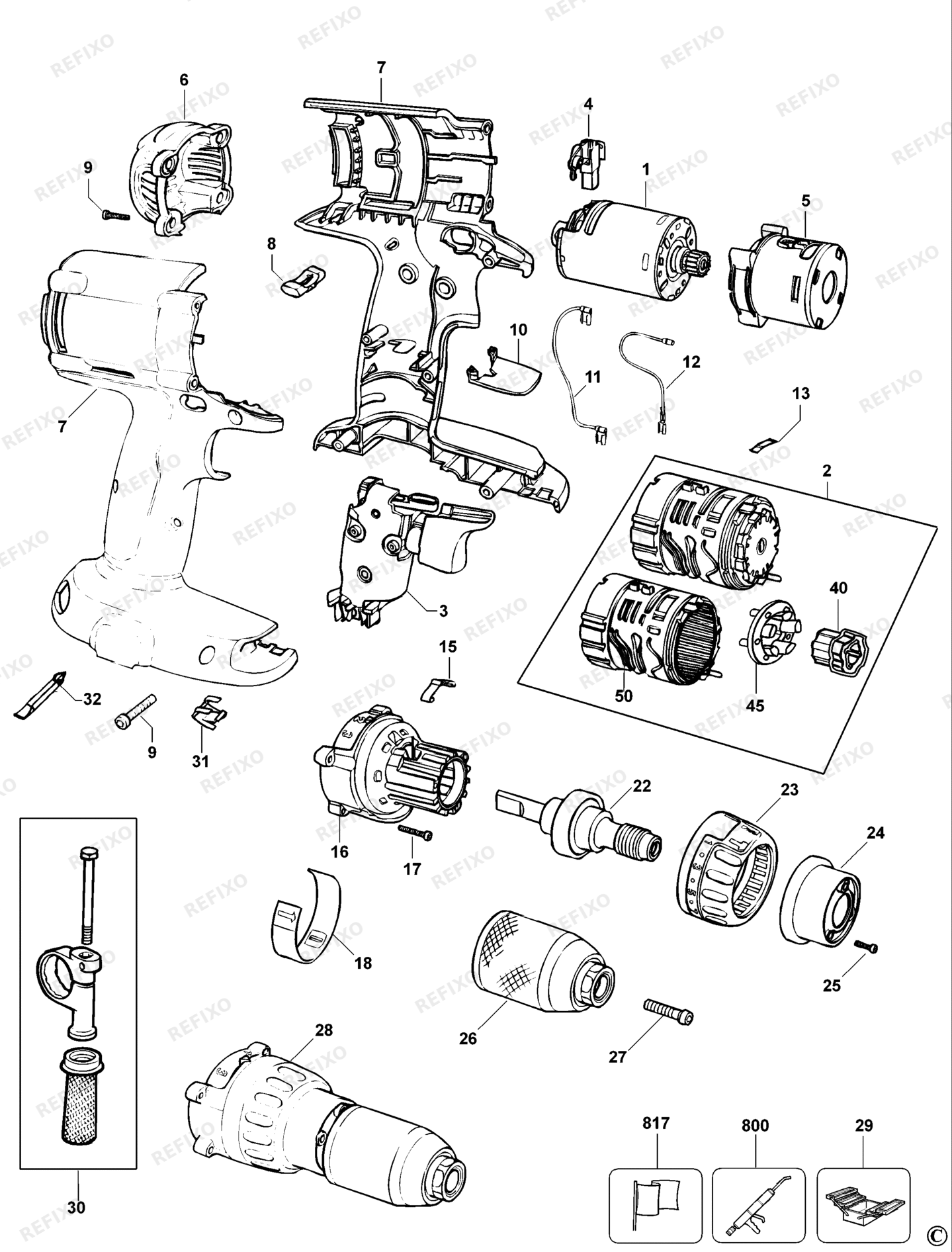 Деталировка DeWalt DW987-QW TYPE 10 аккумуляторный - дрель DW987-QW DW987 — схема запчастей в разборе
