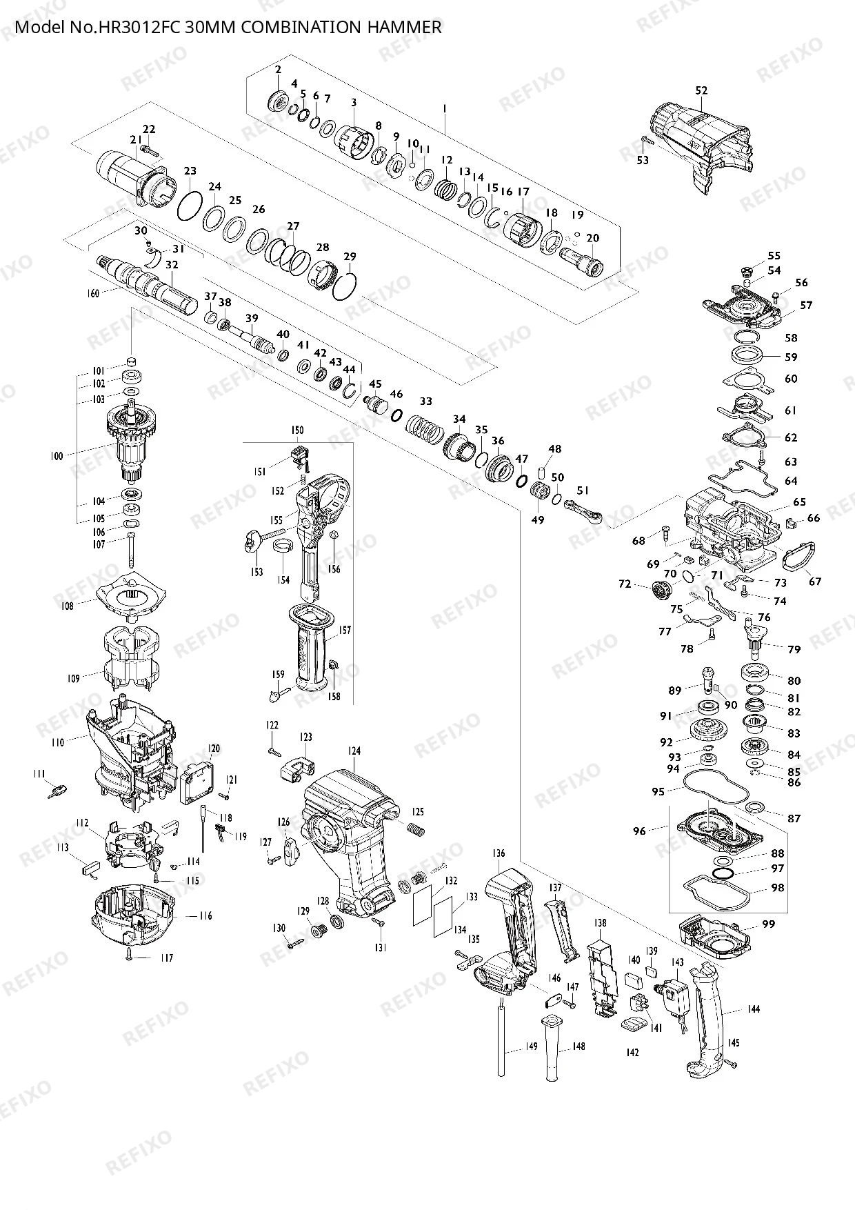 Деталировка MAKITA HR3012FC — схема запчастей в разборе